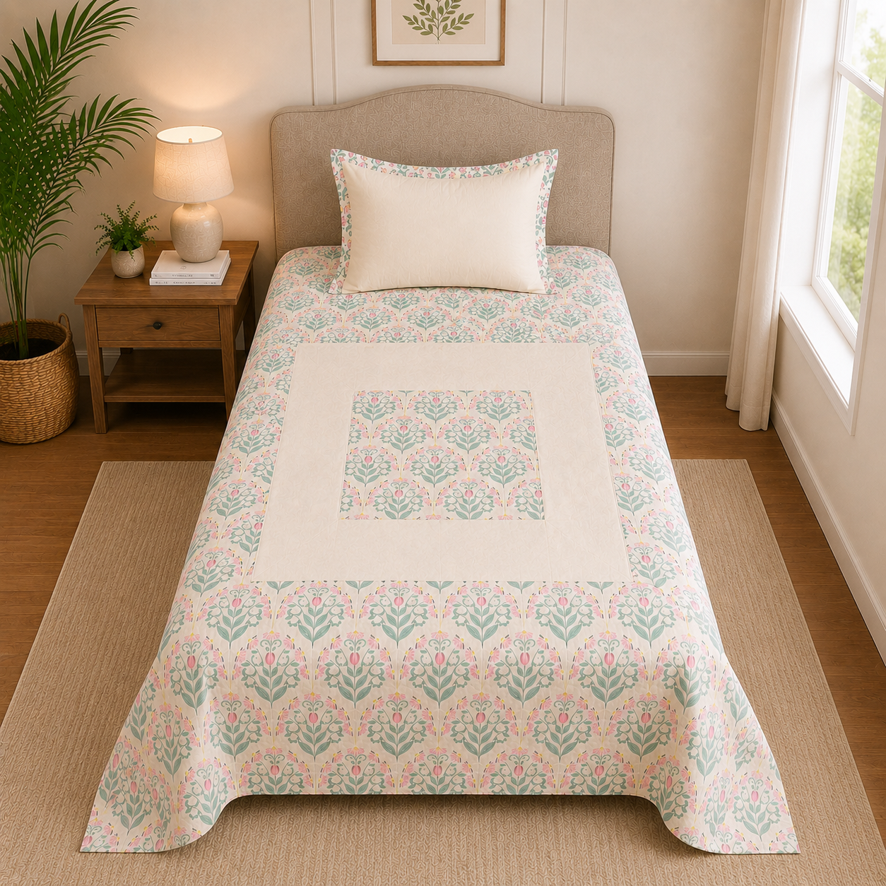 Percale Cotton Bedsheet Set Block-Print Buta Pattern Concentric Square