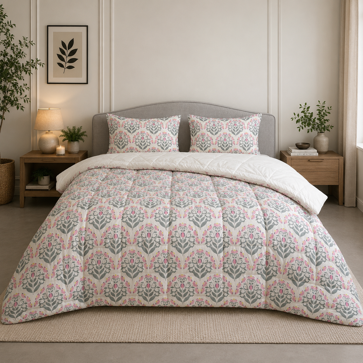 Percale Cotton Reversible Comforter (Winter Blanket) floral buta (booti) pattern with a block-print-inspired aesthetic in Pink