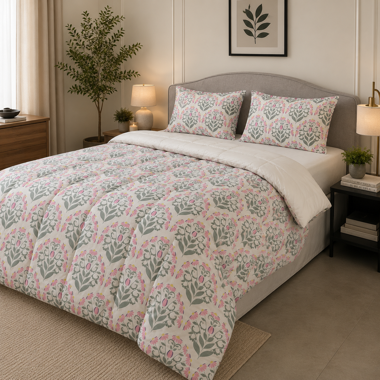 Percale Cotton Reversible Comforter (Winter Blanket) floral buta (booti) pattern with a block-print-inspired aesthetic in Pink