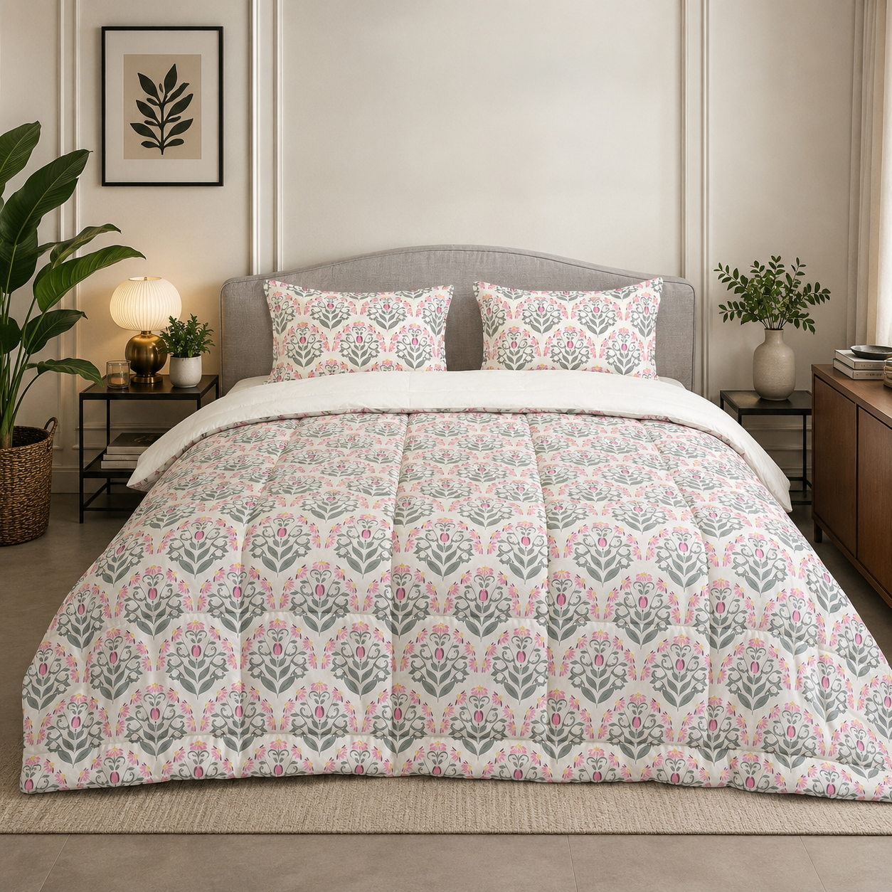Percale Cotton Reversible Comforter (Winter Blanket) floral buta (booti) pattern with a block-print-inspired aesthetic in Pink
