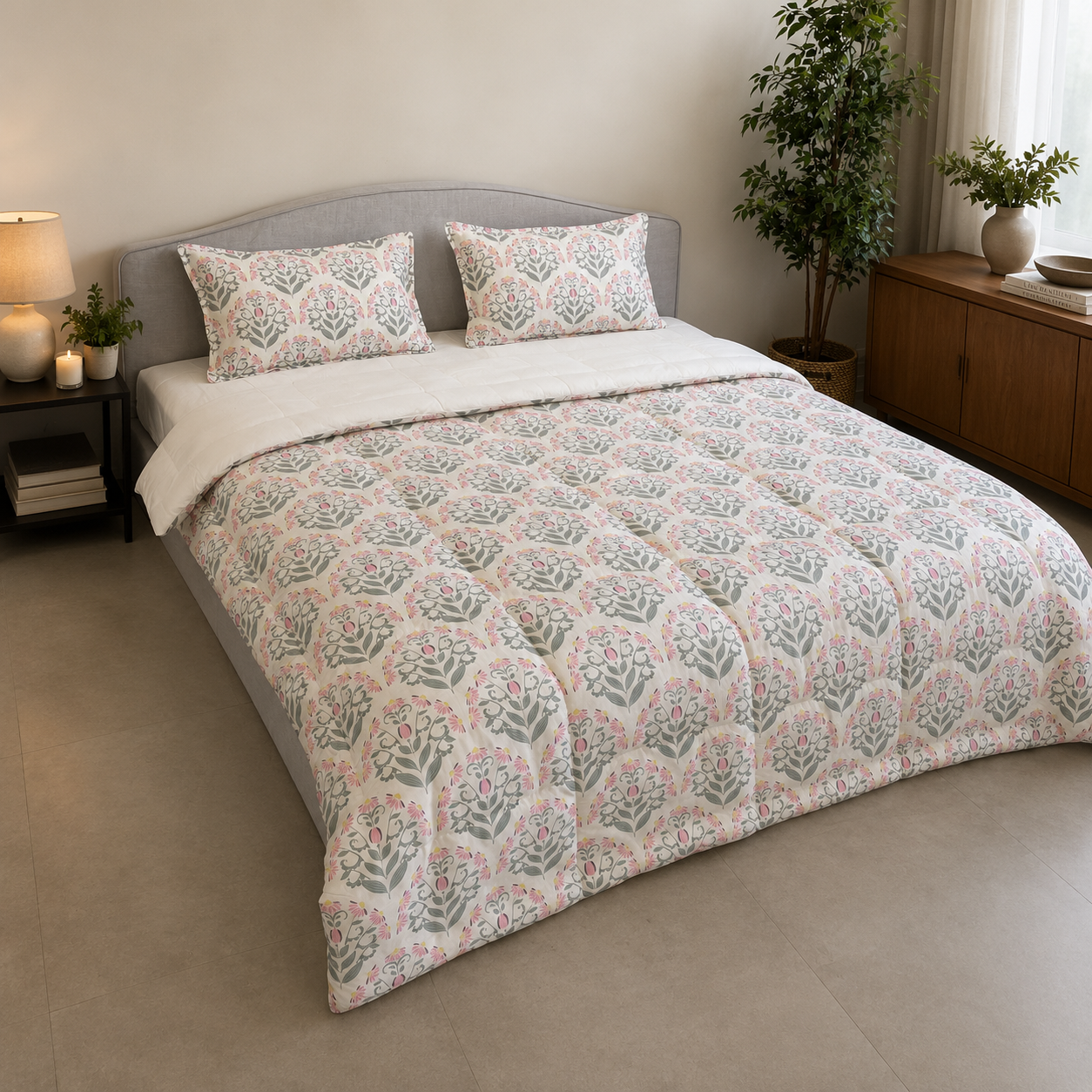 Percale Cotton Reversible Comforter (Winter Blanket) floral buta (booti) pattern with a block-print-inspired aesthetic in Pink