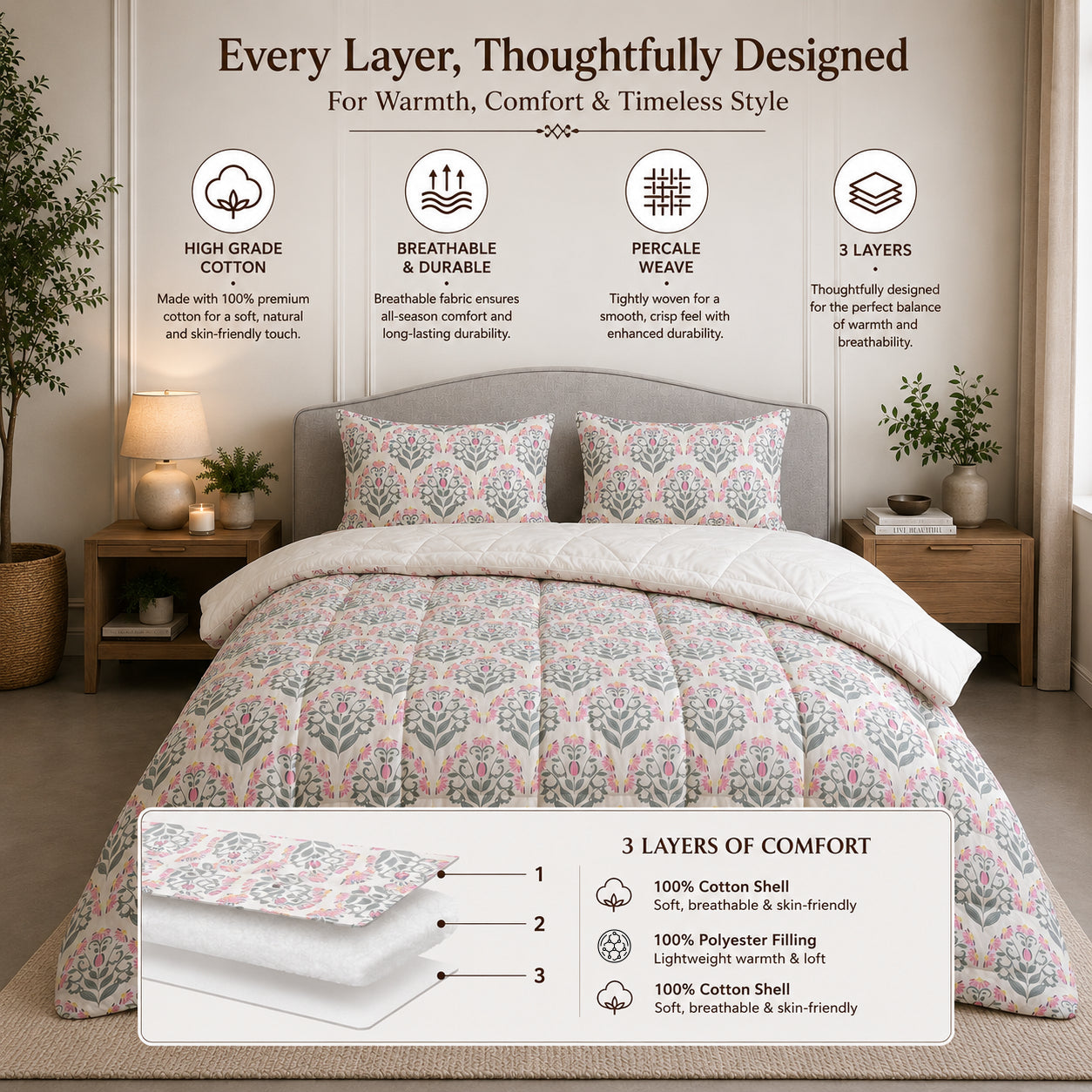 Percale Cotton Reversible Comforter (Winter Blanket) floral buta (booti) pattern with a block-print-inspired aesthetic in Pink