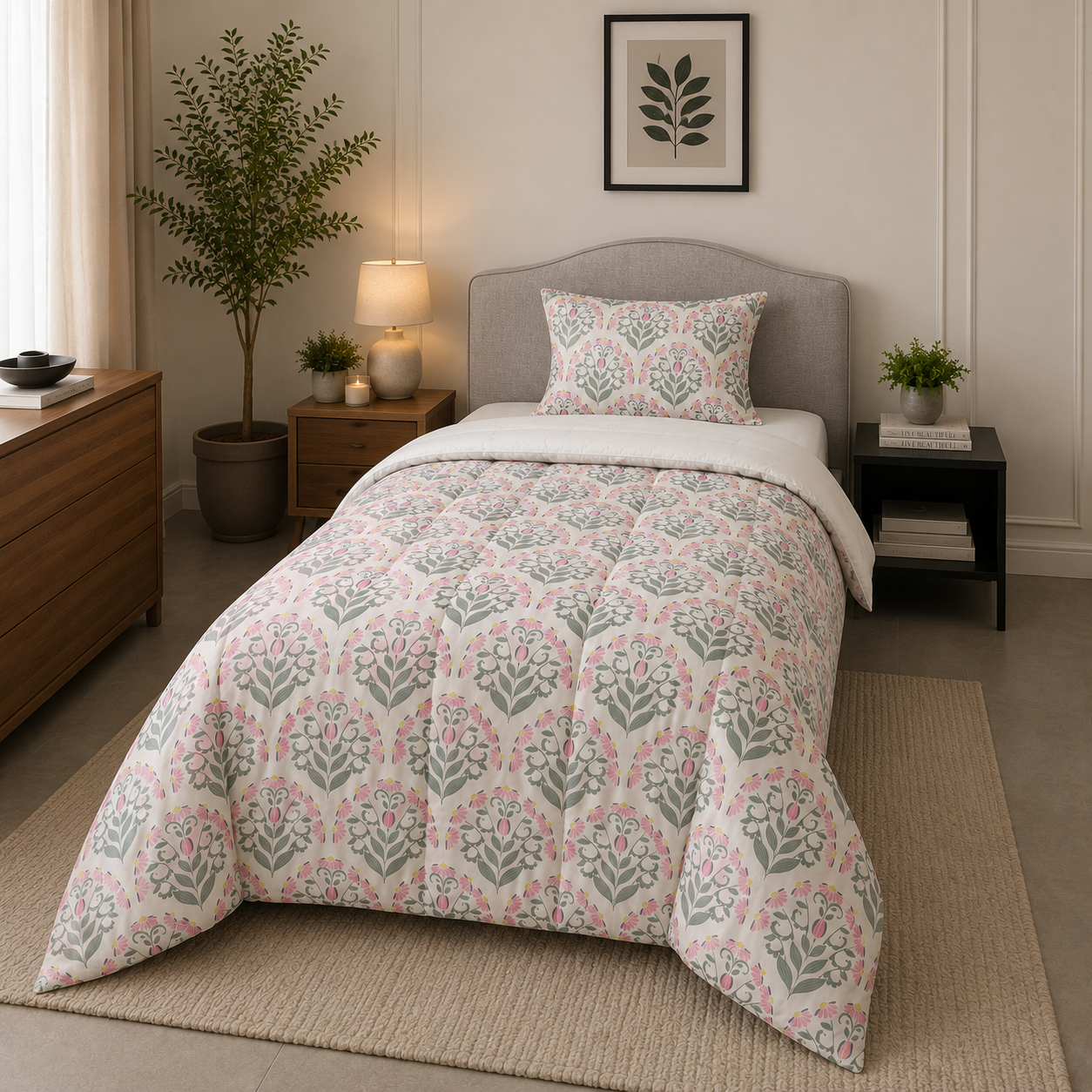 Percale Cotton Reversible Comforter (Winter Blanket) floral buta (booti) pattern with a block-print-inspired aesthetic in Pink