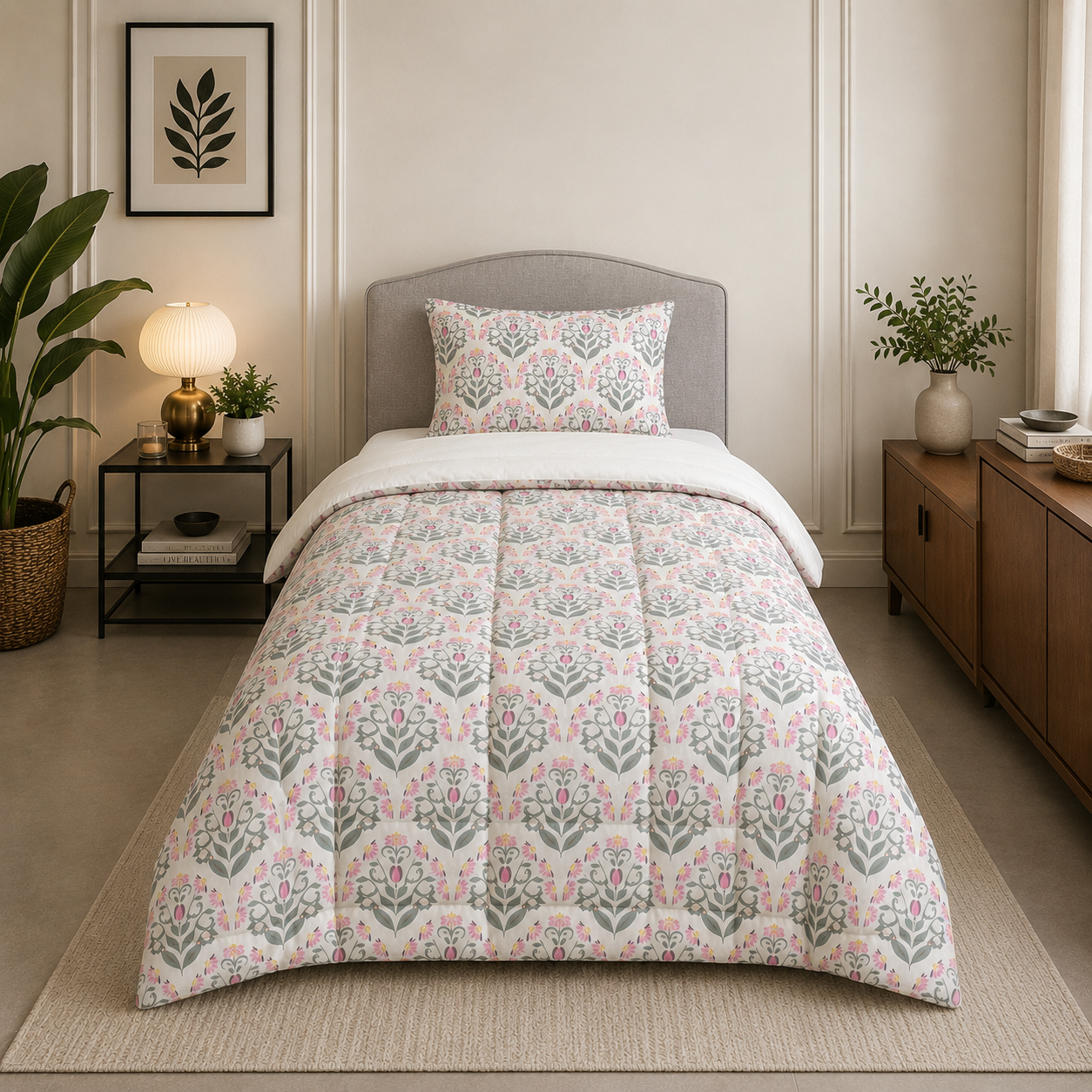 Percale Cotton Reversible Comforter (Winter Blanket) floral buta (booti) pattern with a block-print-inspired aesthetic in Pink