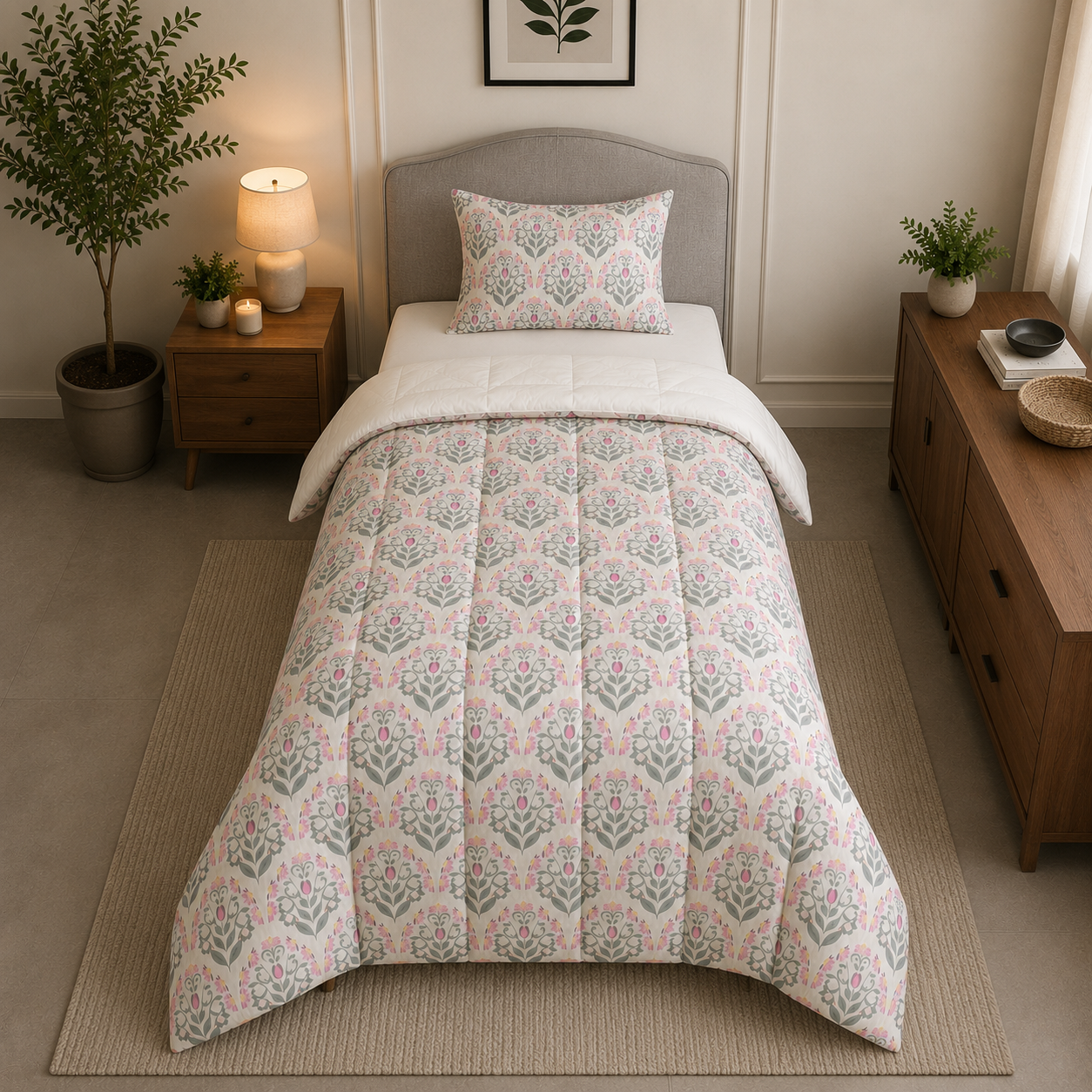 Percale Cotton Reversible Comforter (Winter Blanket) floral buta (booti) pattern with a block-print-inspired aesthetic in Pink