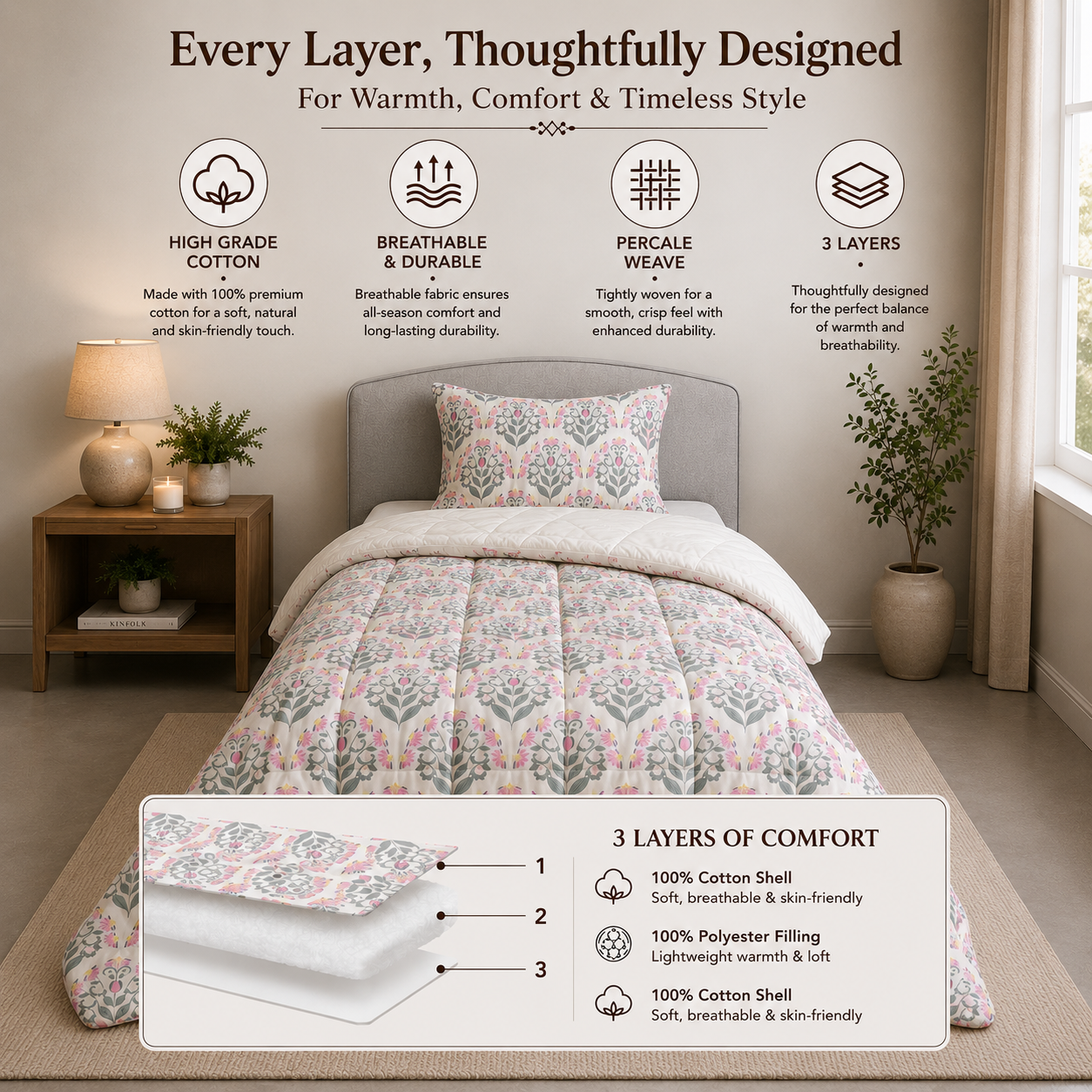 Percale Cotton Reversible Comforter (Winter Blanket) floral buta (booti) pattern with a block-print-inspired aesthetic in Pink