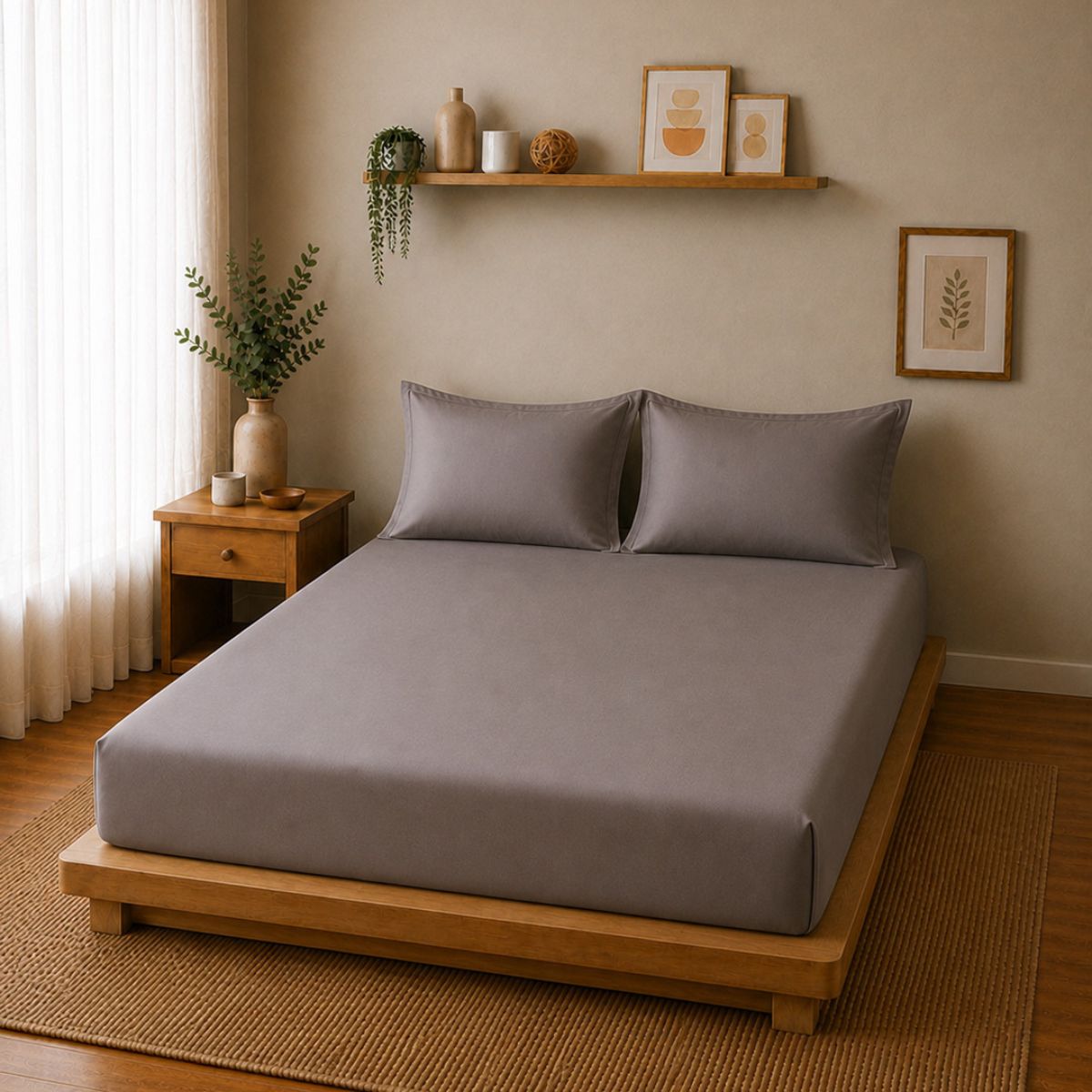 Percale Cotton Fitted Sheet Set in Charcoal