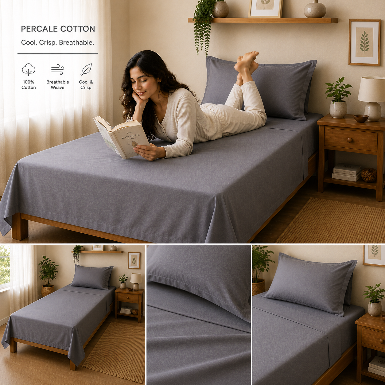 Percale Cotton Bedsheet Set in Charcoal Grey