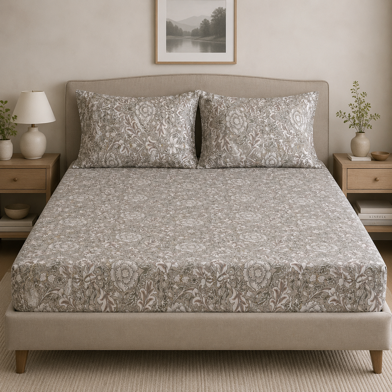 Percale Cotton Printed Fitted Sheet Set in Damask Brown