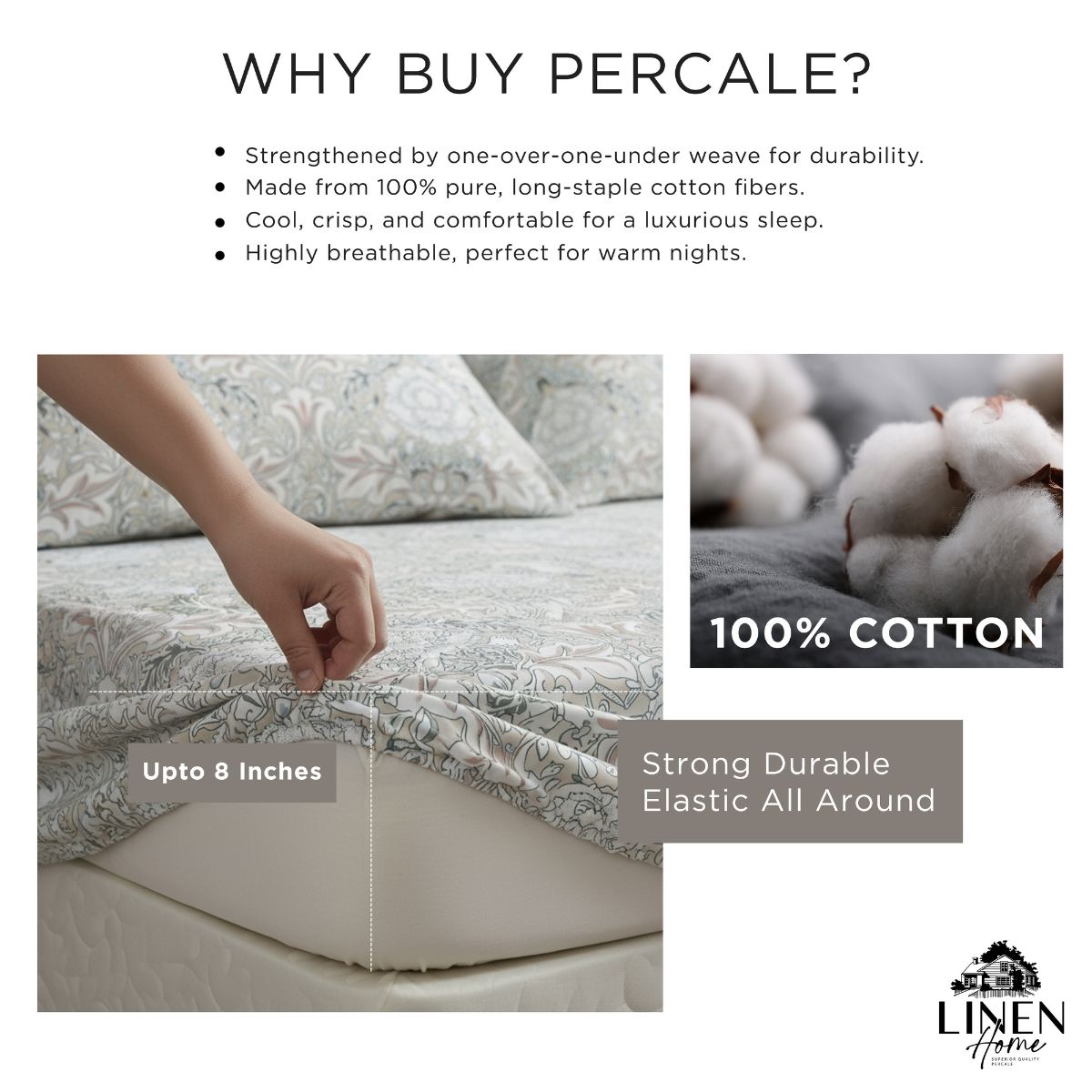 Percale Cotton Printed Fitted Sheet Set in Damask Brown
