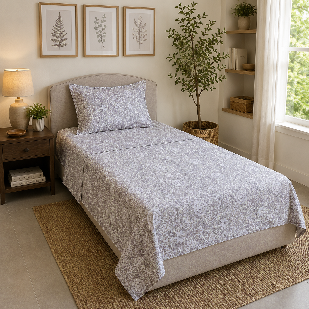 Percale Cotton Printed Bedsheet Set in Damask Brown