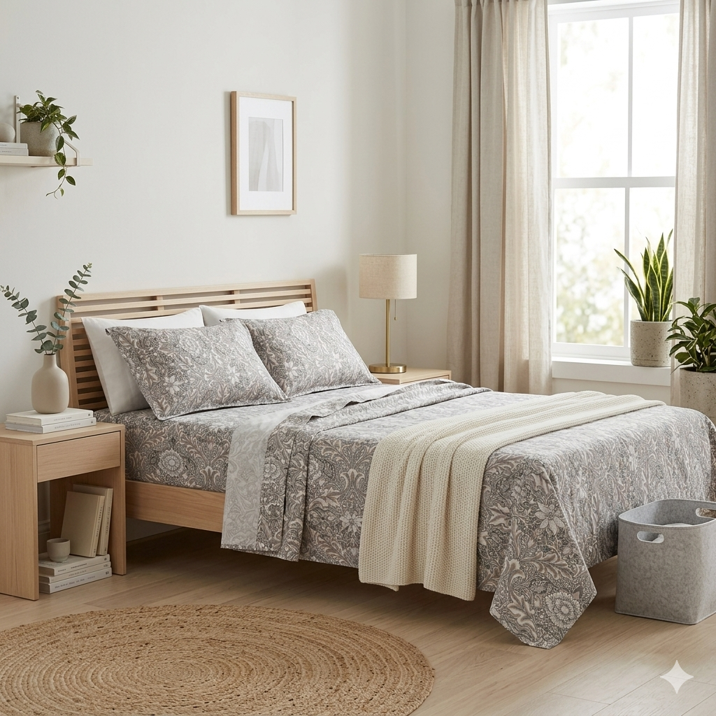 Percale Cotton Printed Bedsheet Set in Damask Brown