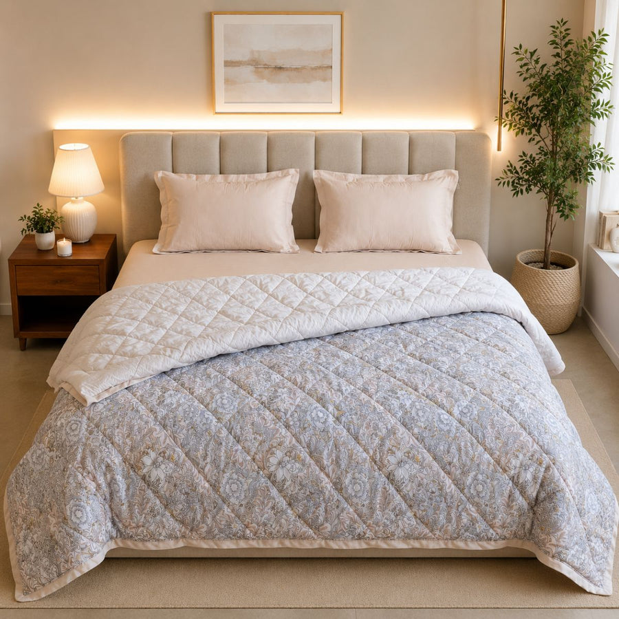 Percale Cotton Reversible AC Blanket Isla Damask Brown & Silver