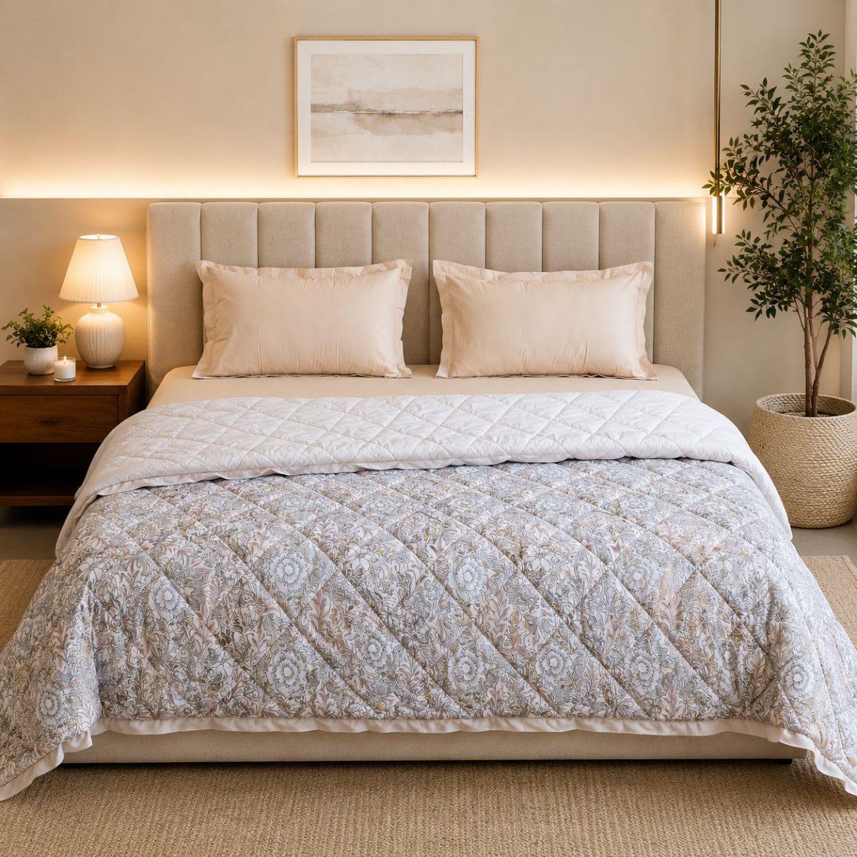 Percale Cotton Reversible AC Blanket Isla Damask Brown & Silver
