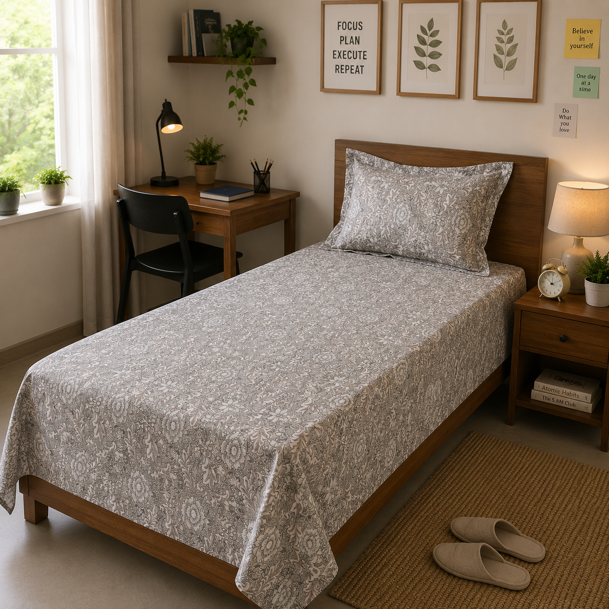 Percale Cotton Printed Bedsheet Set in Damask Brown
