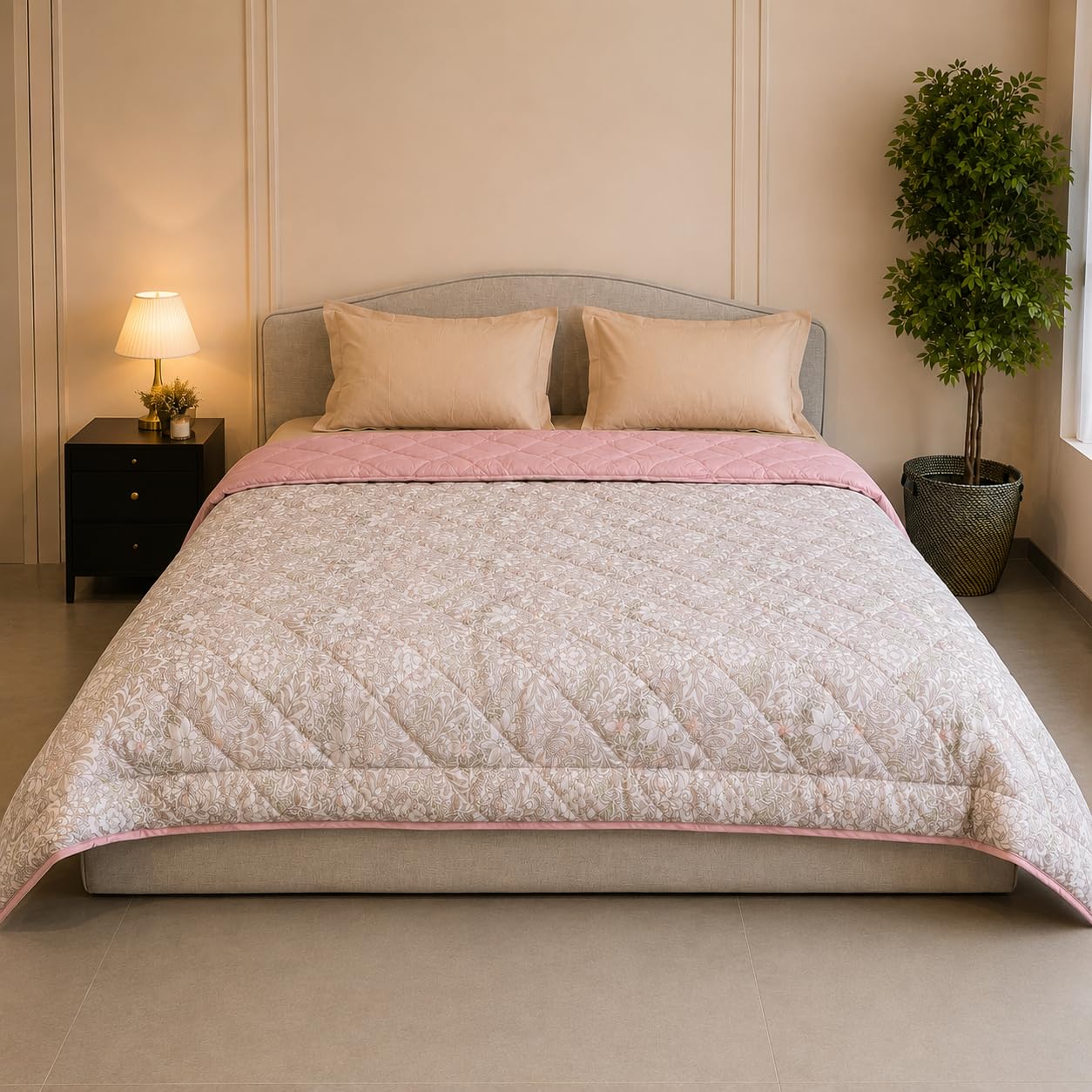 Percale Cotton Reversible AC Blanket Isla Damask Pink & Brushed Rose
