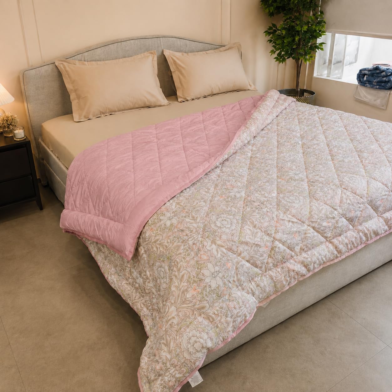 Percale Cotton Reversible AC Blanket Isla Damask Pink & Brushed Rose