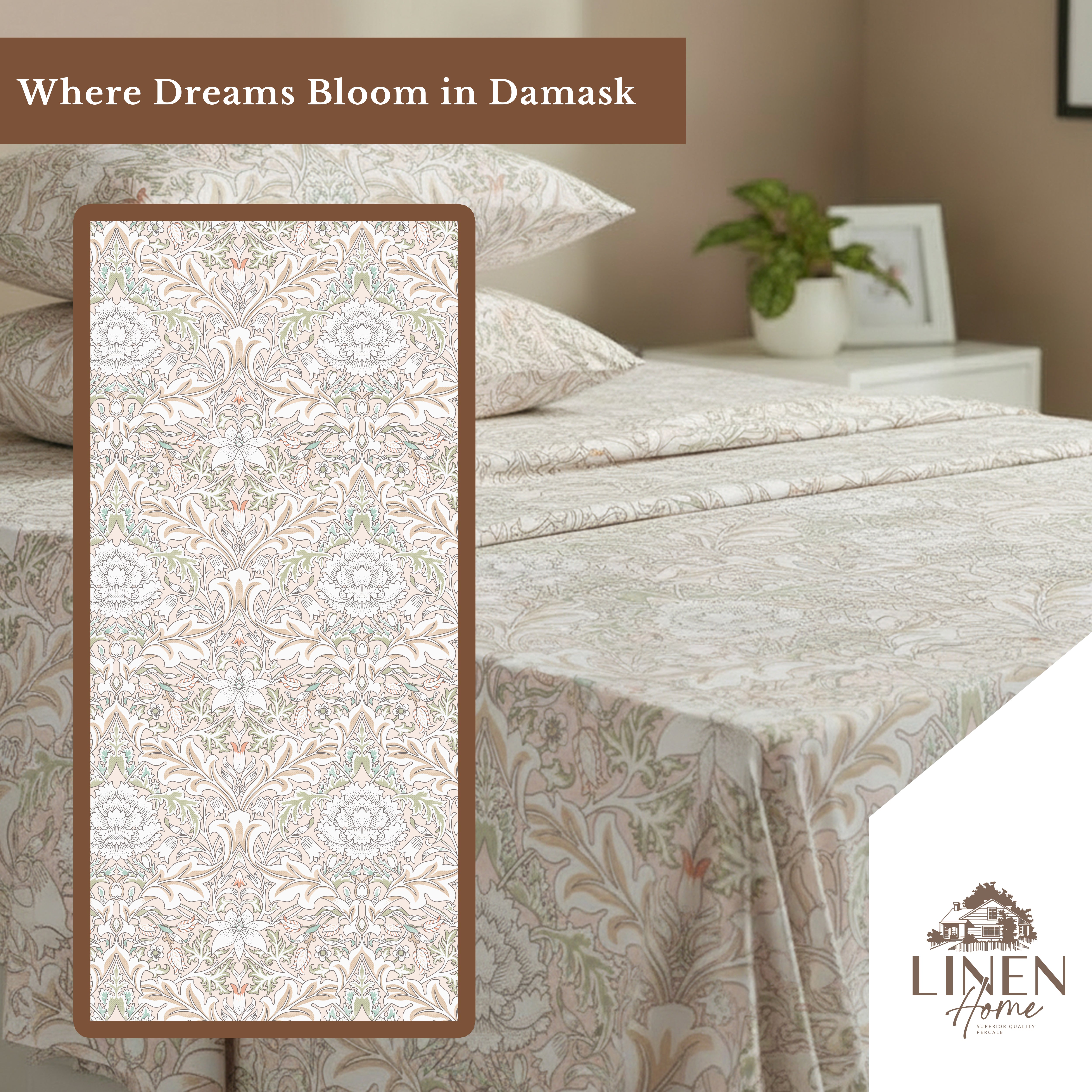 Percale Cotton Printed Bedsheet Set in Damask Pink