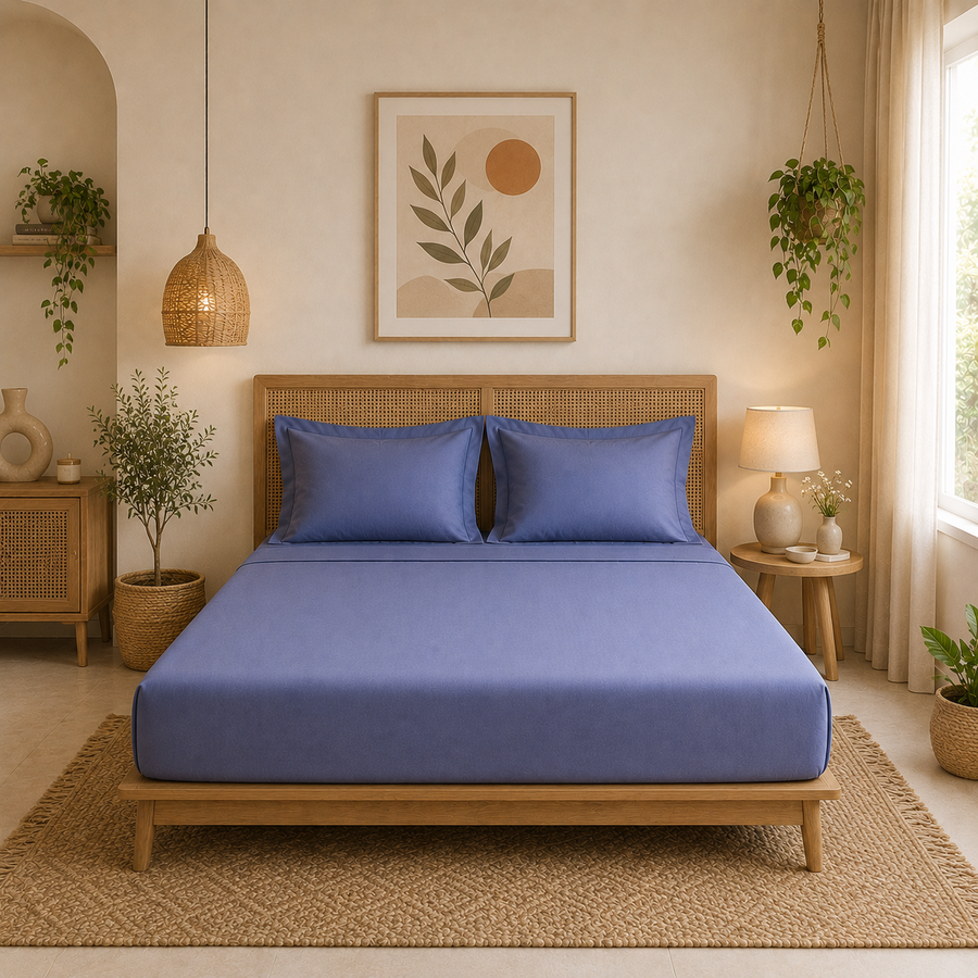 Percale Cotton Fitted Sheet Set in Dark Blue