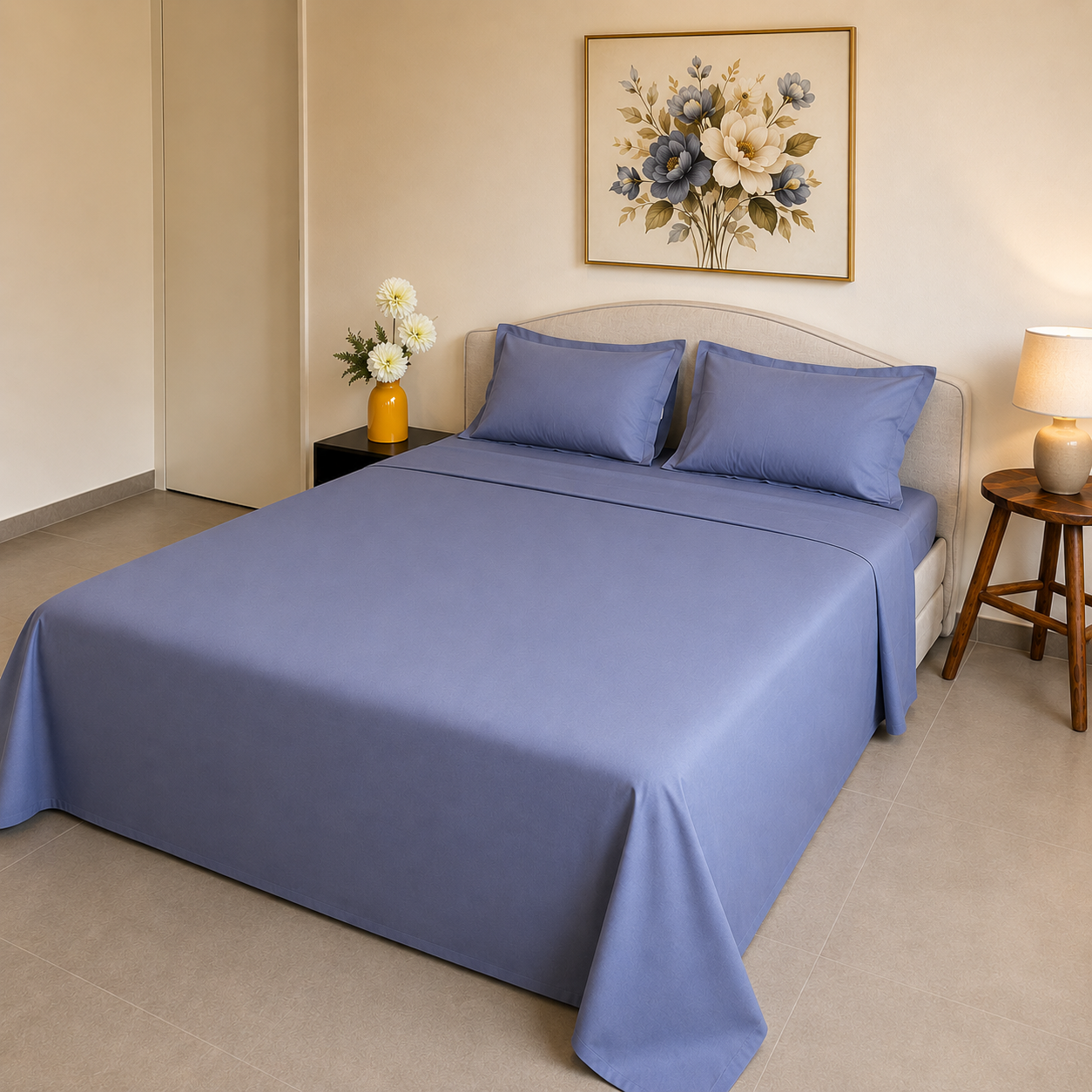 Percale Cotton Bedsheet Set in Dark Blue