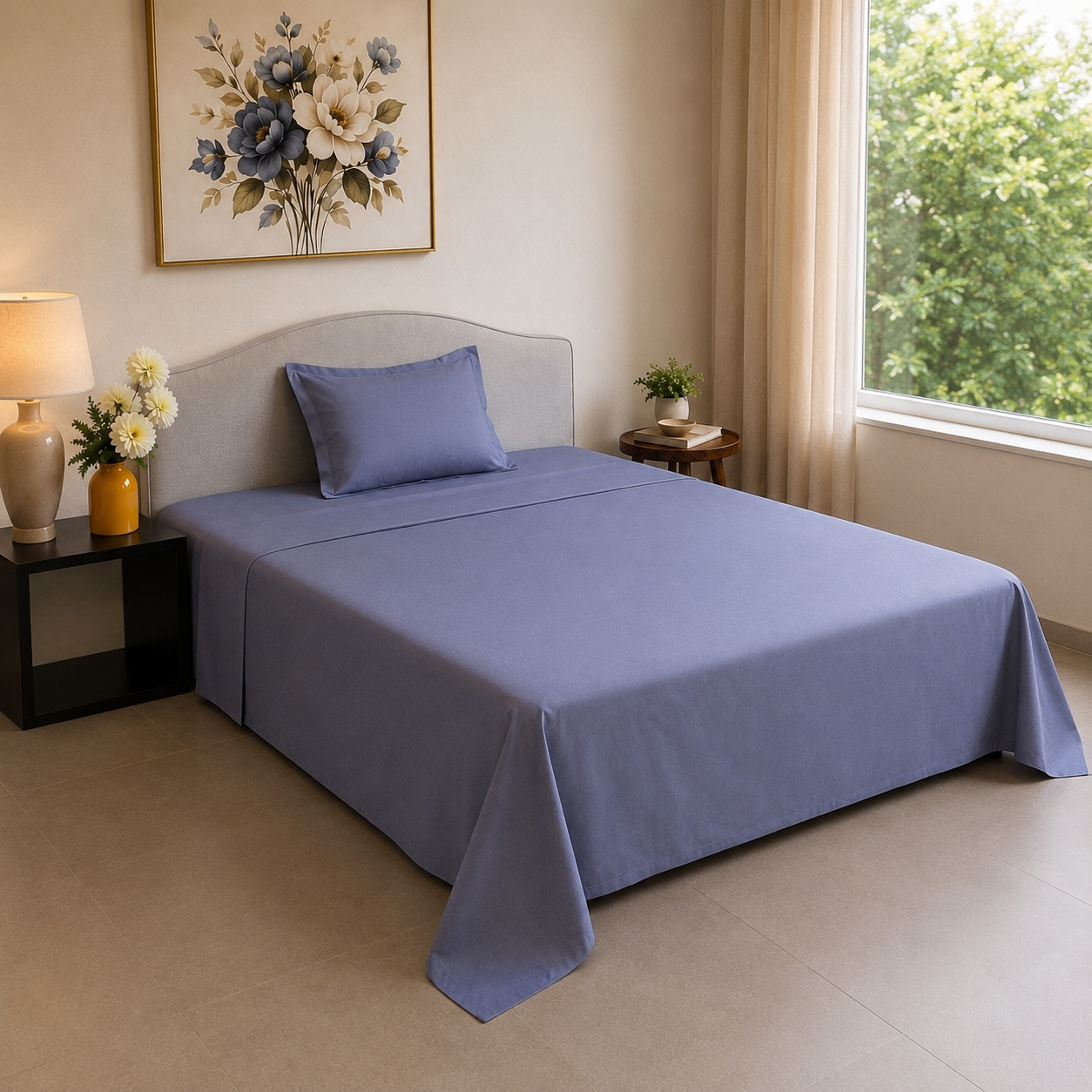 Percale Cotton Bedsheet Set in Dark Blue