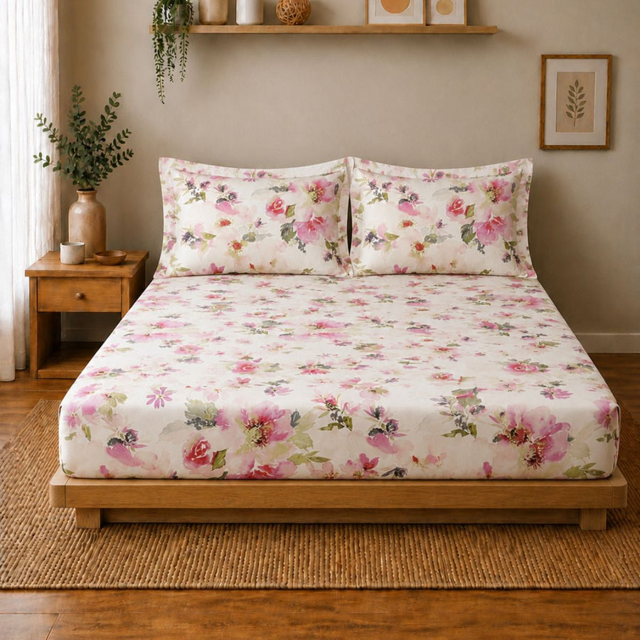 Percale Cotton Printed Fitted Sheet Set in Floral Pink