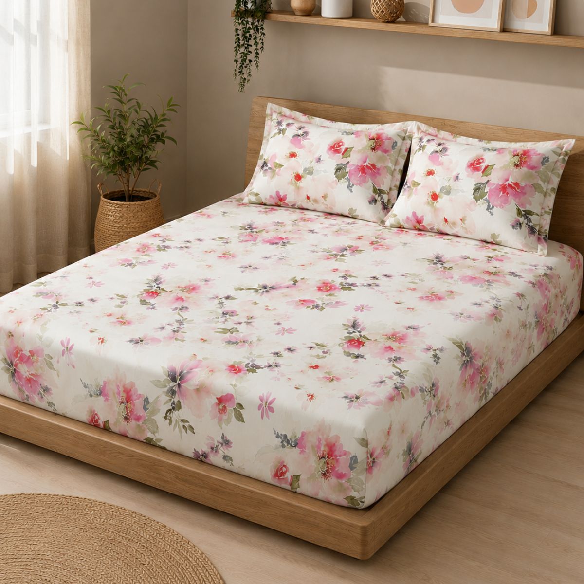 Percale Cotton Printed Fitted Sheet Set in Floral Pink