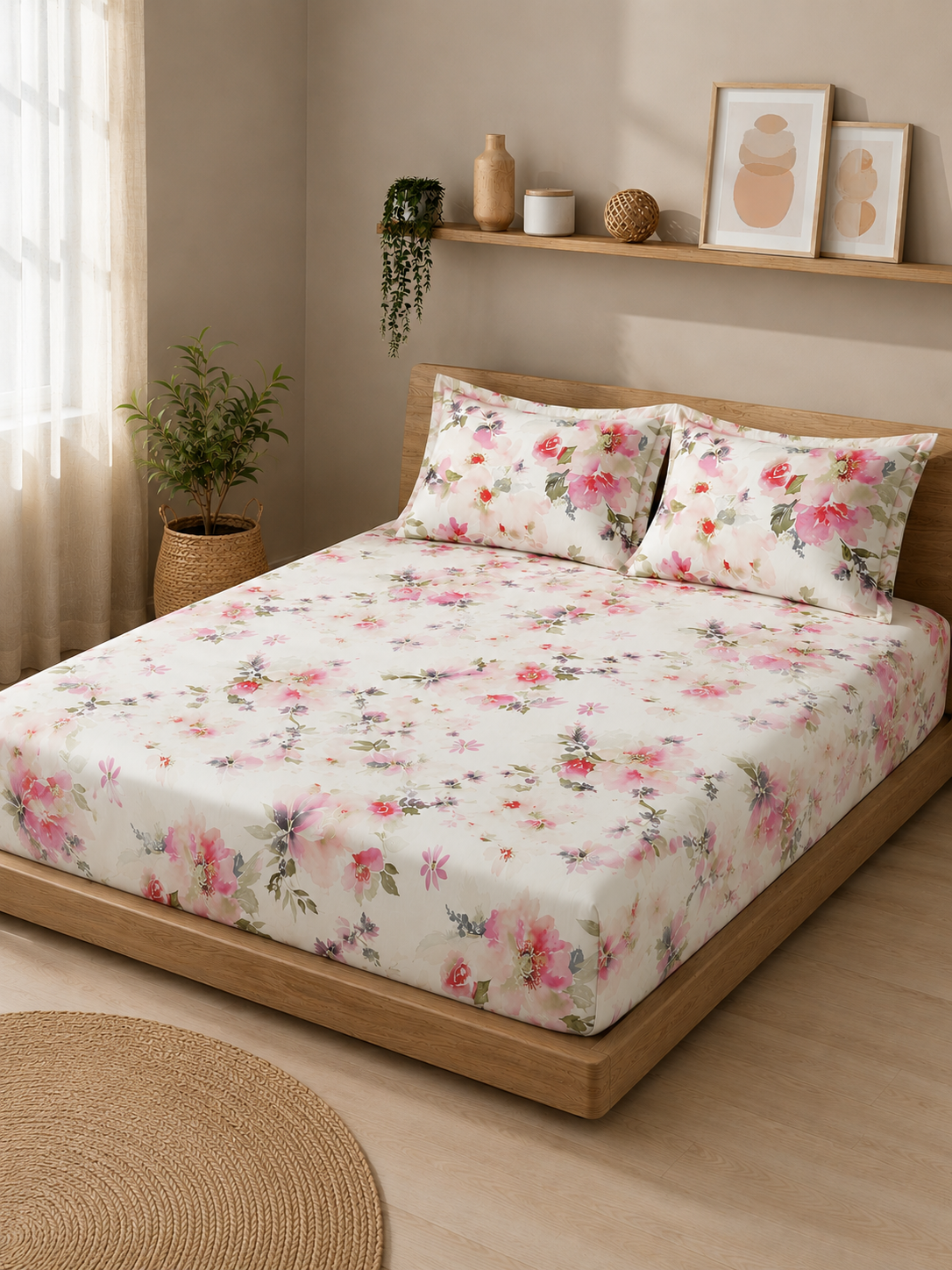 Percale Cotton Printed Fitted Sheet Set in Floral Pink