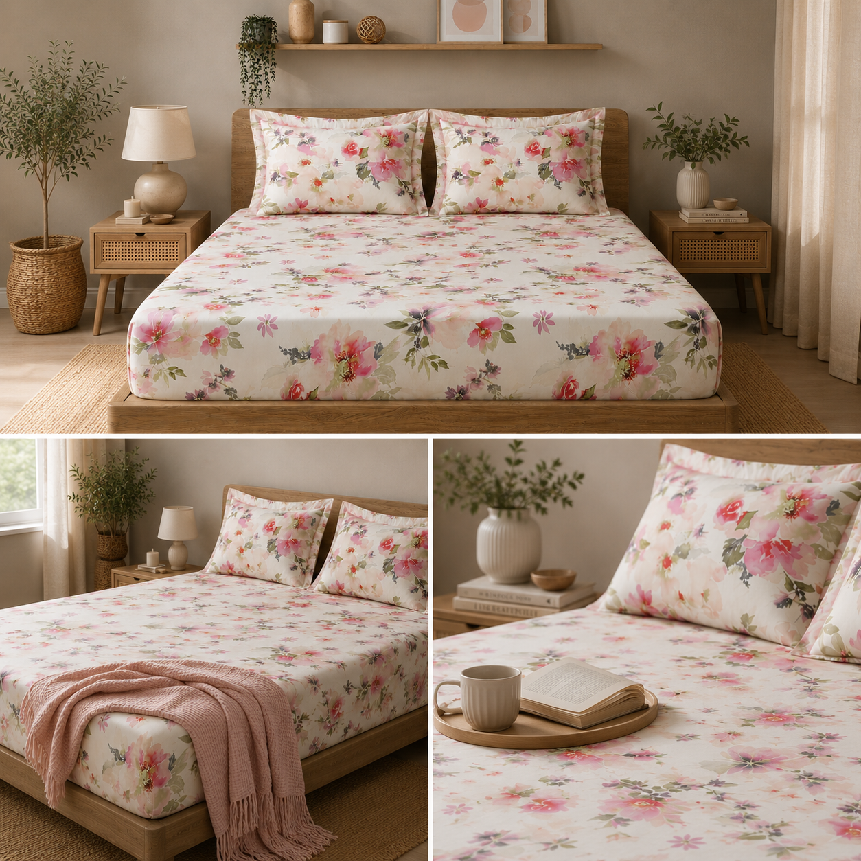 Percale Cotton Printed Fitted Sheet Set in Floral Pink
