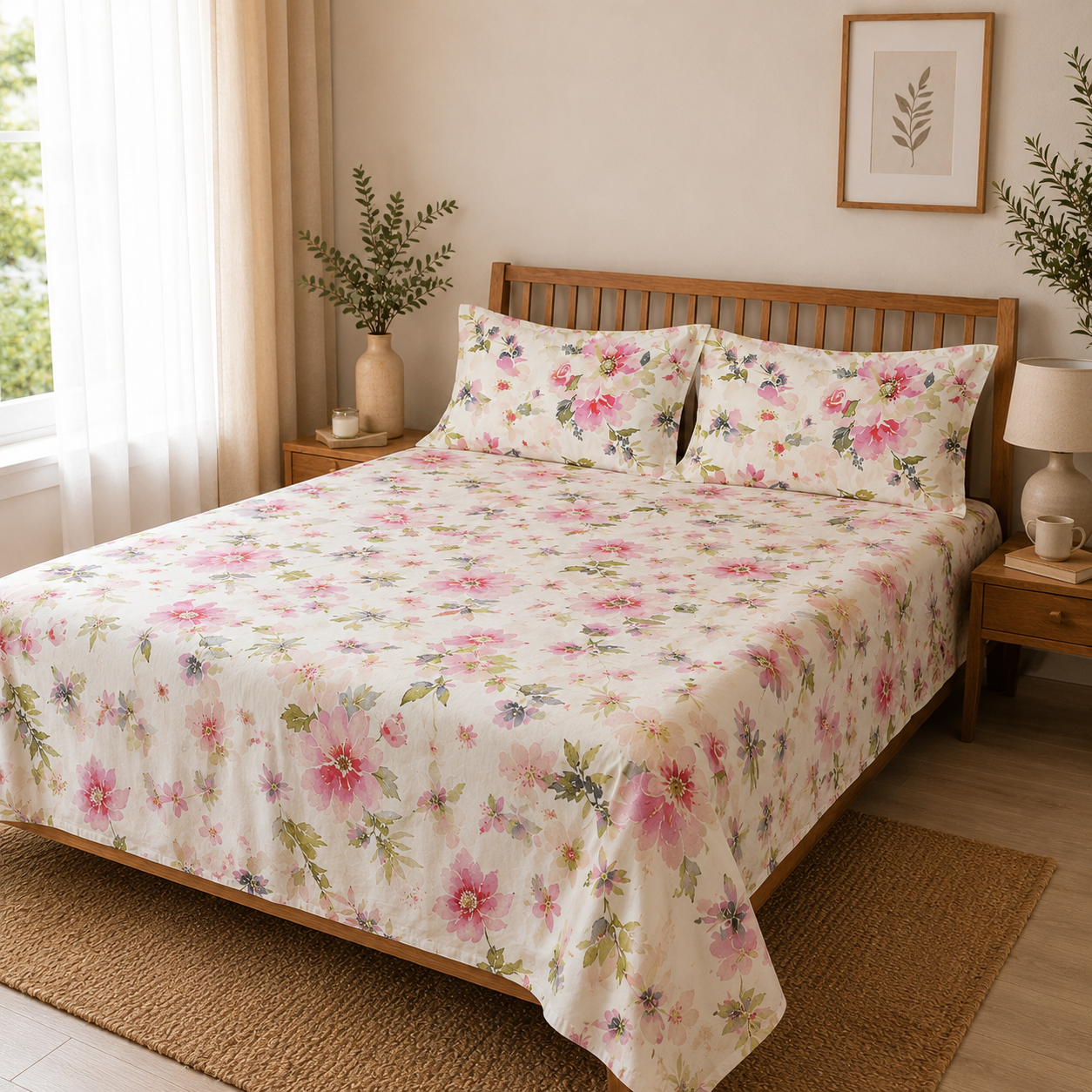 Percale Cotton Printed Bedsheet Set in Floral Pink