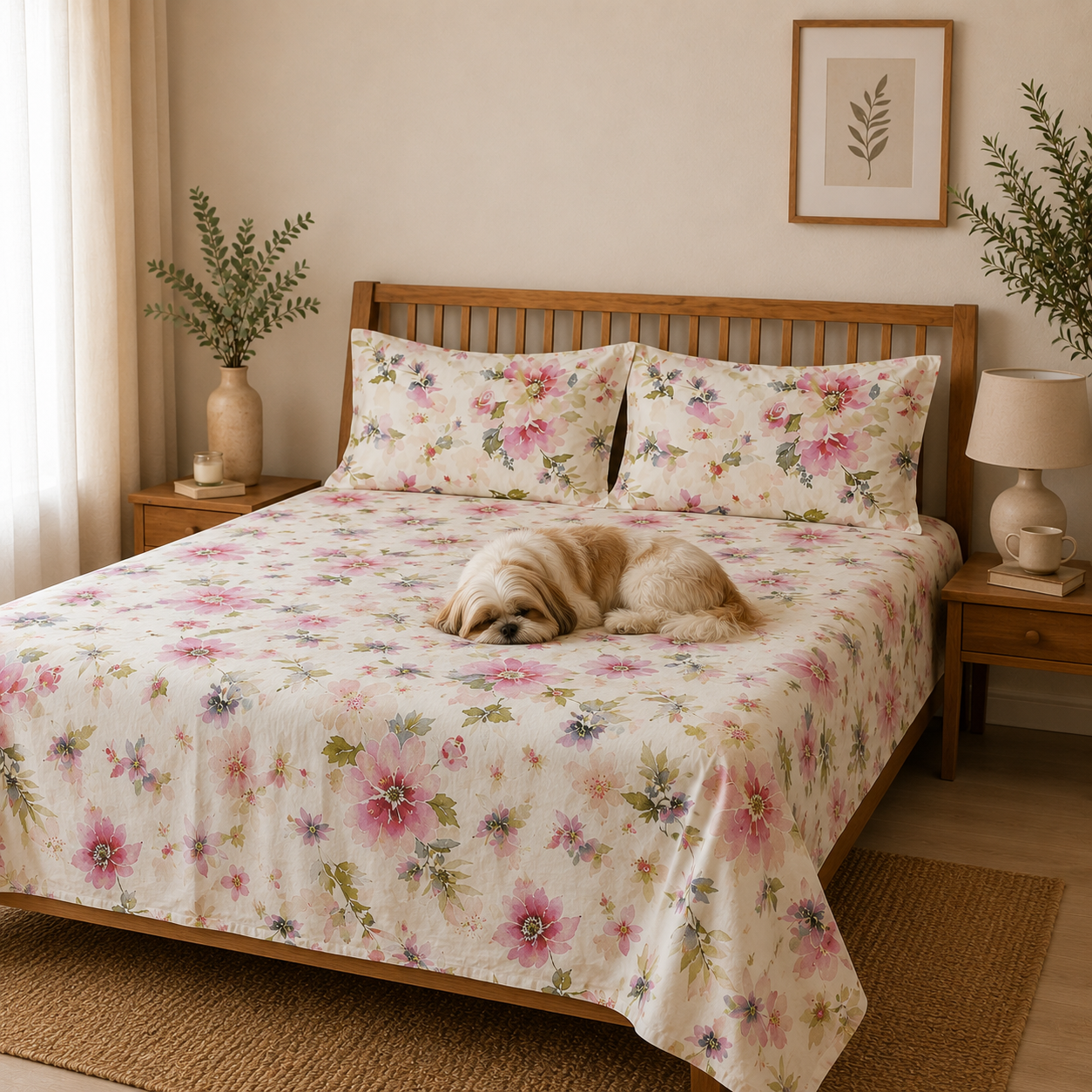 Percale Cotton Printed Bedsheet Set in Floral Pink