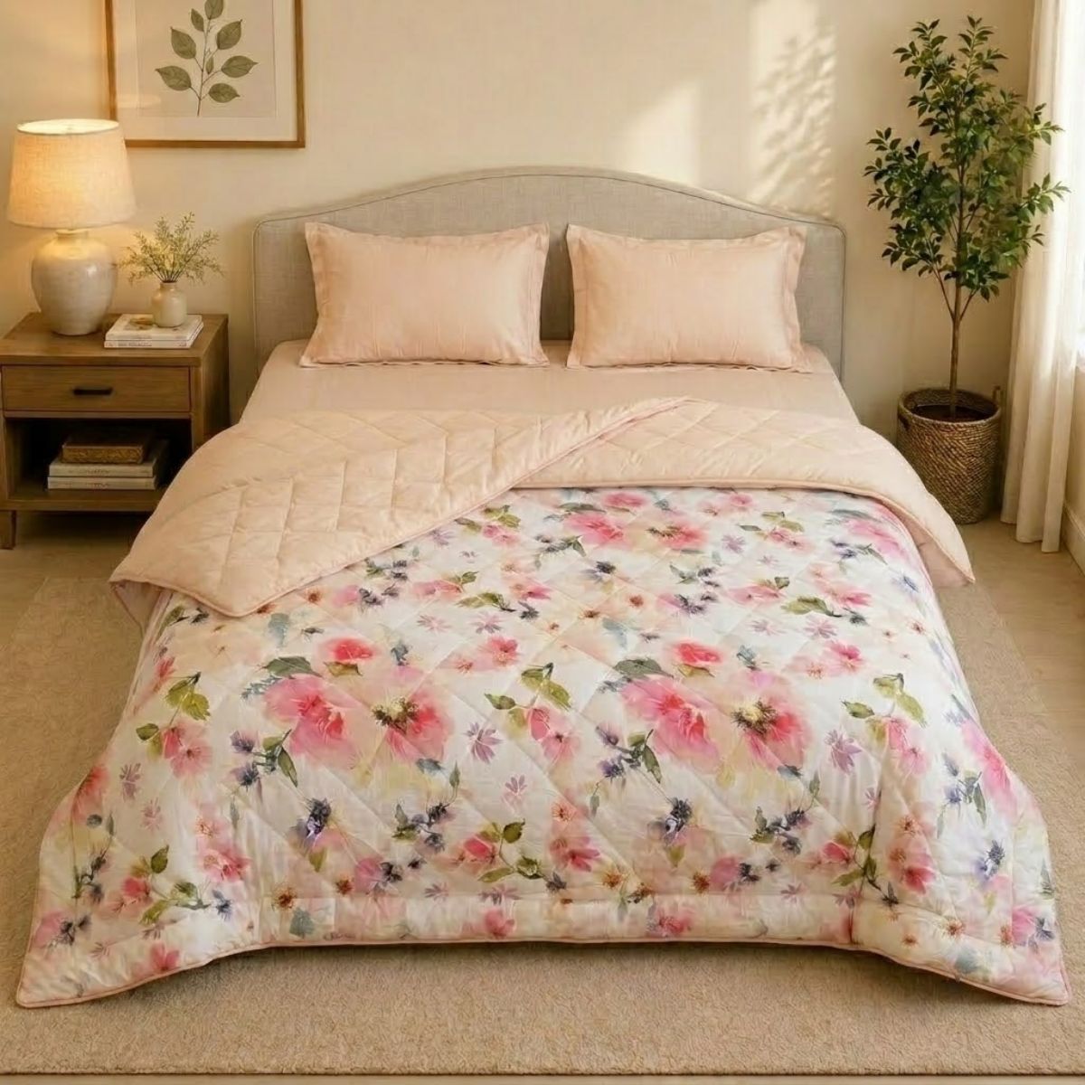 Percale Cotton Reversible AC Blanket Eden Floral Pink & Sand Shell