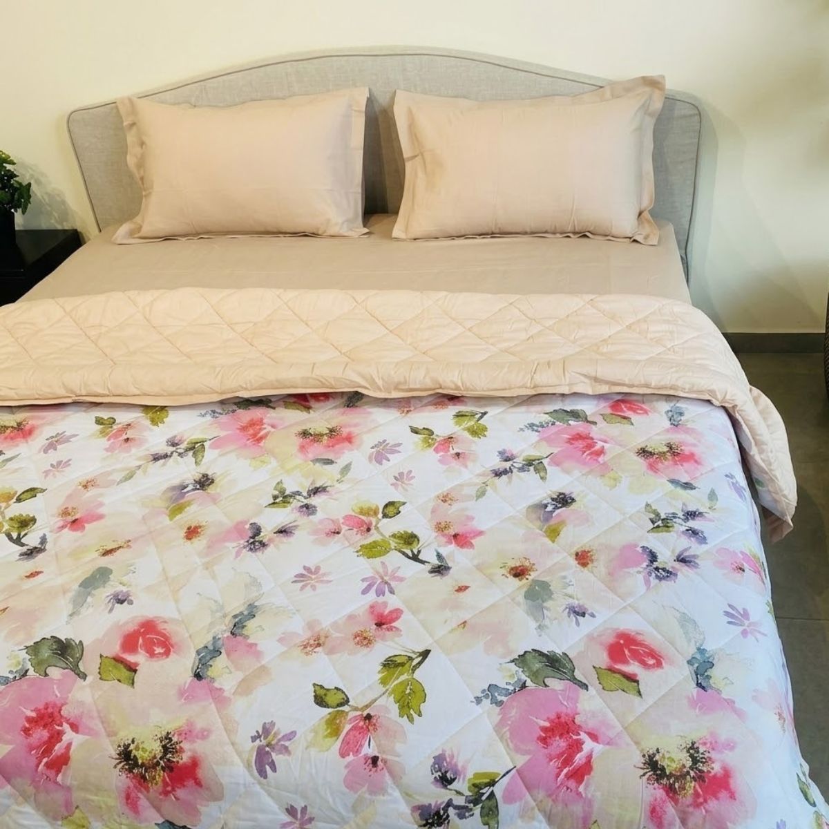 Percale Cotton Reversible AC Blanket Eden Floral Pink & Sand Shell