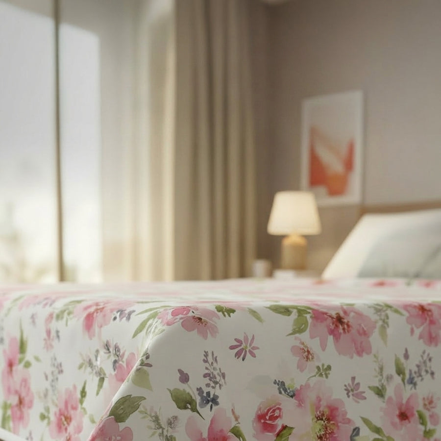 Percale Cotton Reversible Dohar Eden Floral Pink & Sand Shell