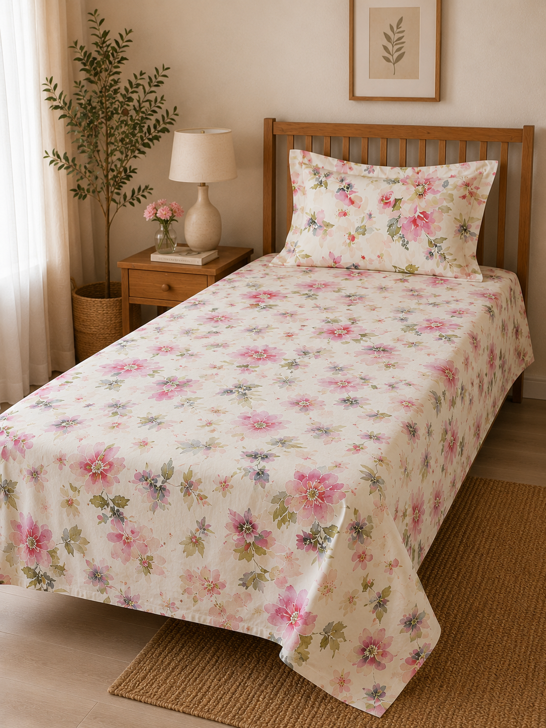 Percale Cotton Printed Bedsheet Set in Floral Pink