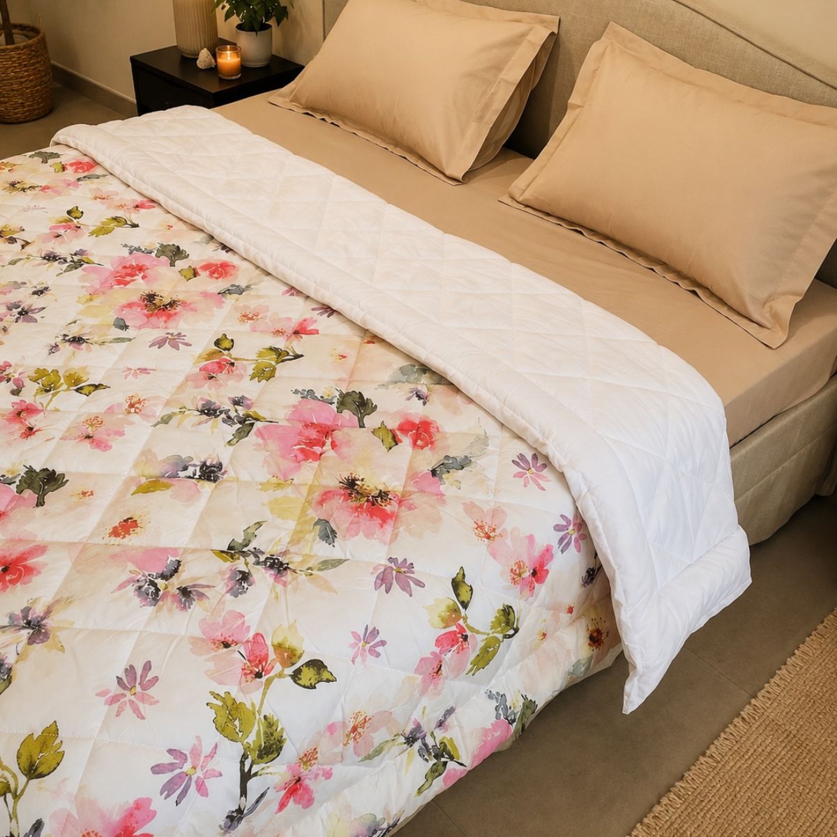 Percale Cotton Reversible AC Blanket Eden Floral Pink & White