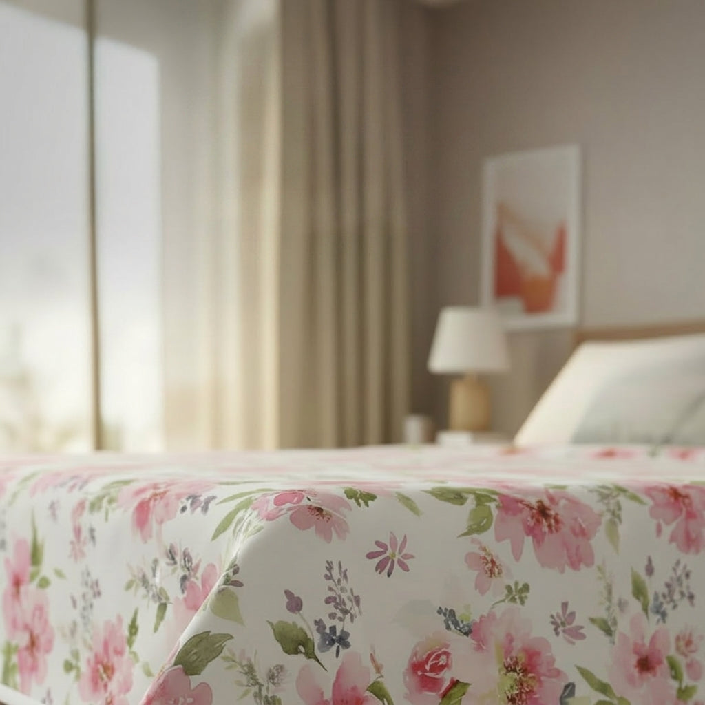 Percale Cotton Reversible Dohar Eden Floral Pink & White