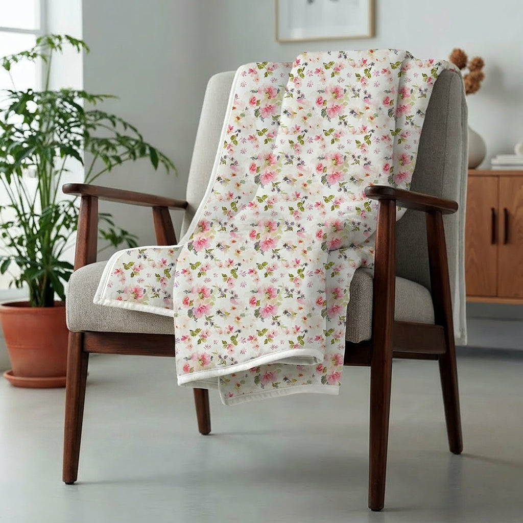 Percale Cotton Reversible Dohar Eden Floral Pink & White