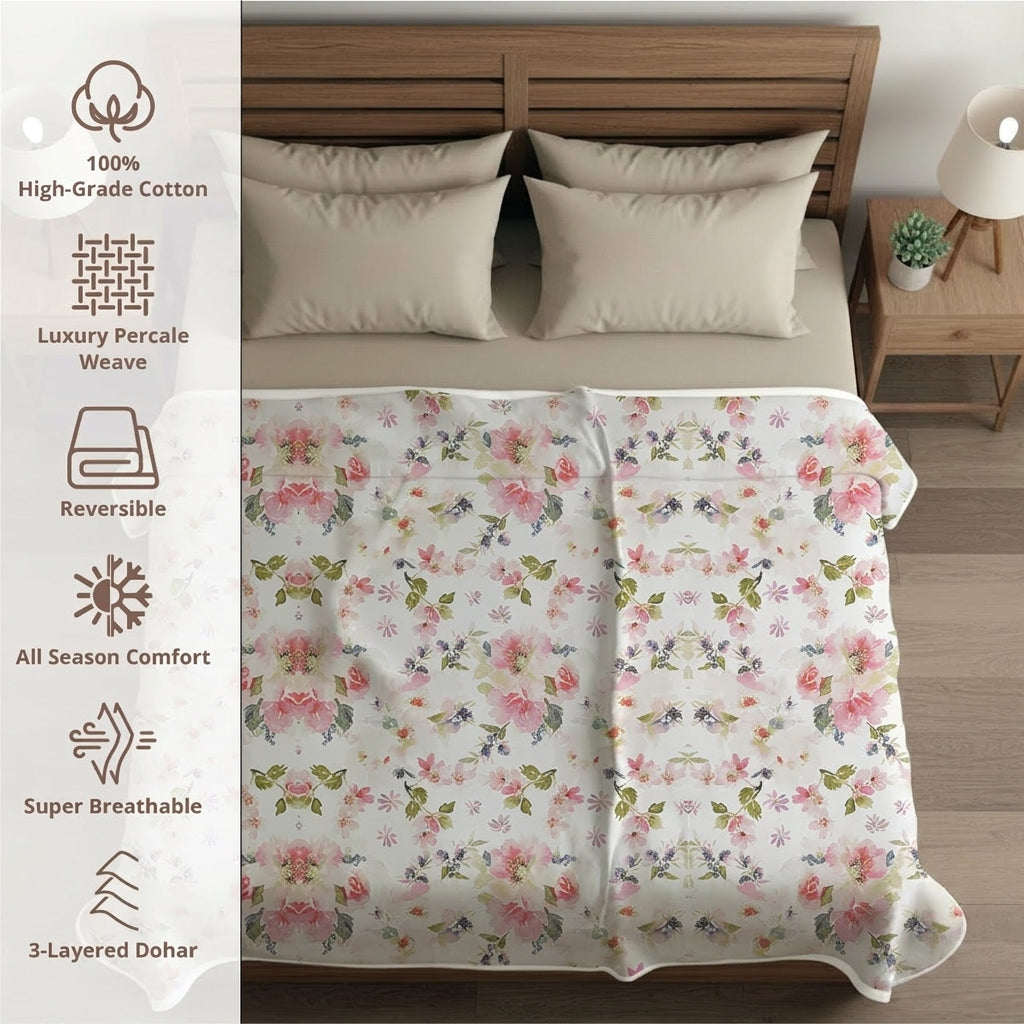 Percale Cotton Reversible Dohar Eden Floral Pink & White