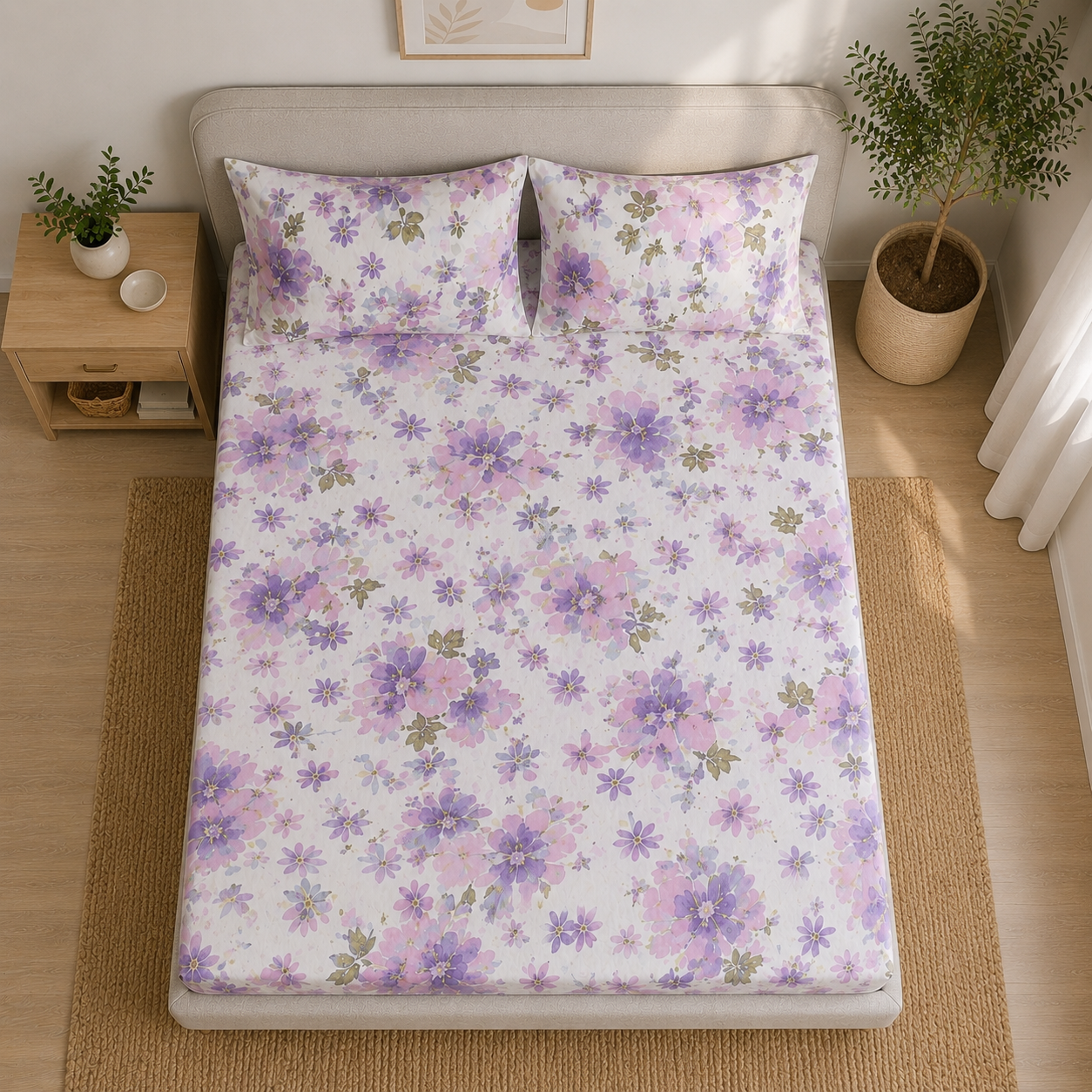Percale Cotton Printed Fitted Sheet Set in Floral Purple