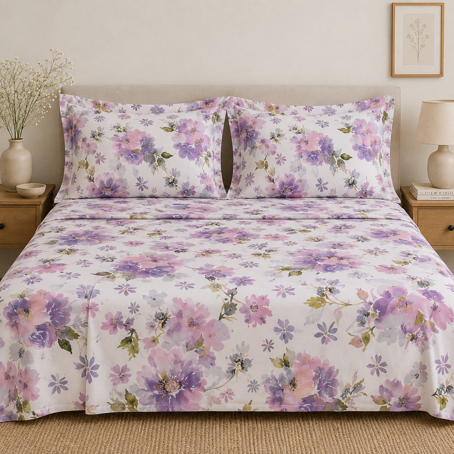 Percale Cotton Printed Bedsheet Set in Floral Purple