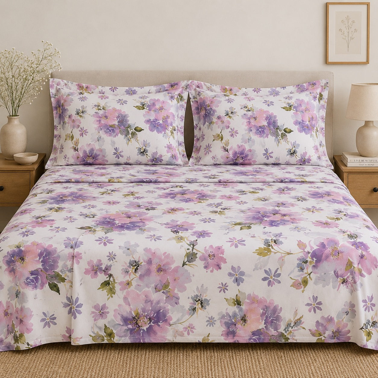 Percale Cotton Printed Bedsheet Set in Floral Purple