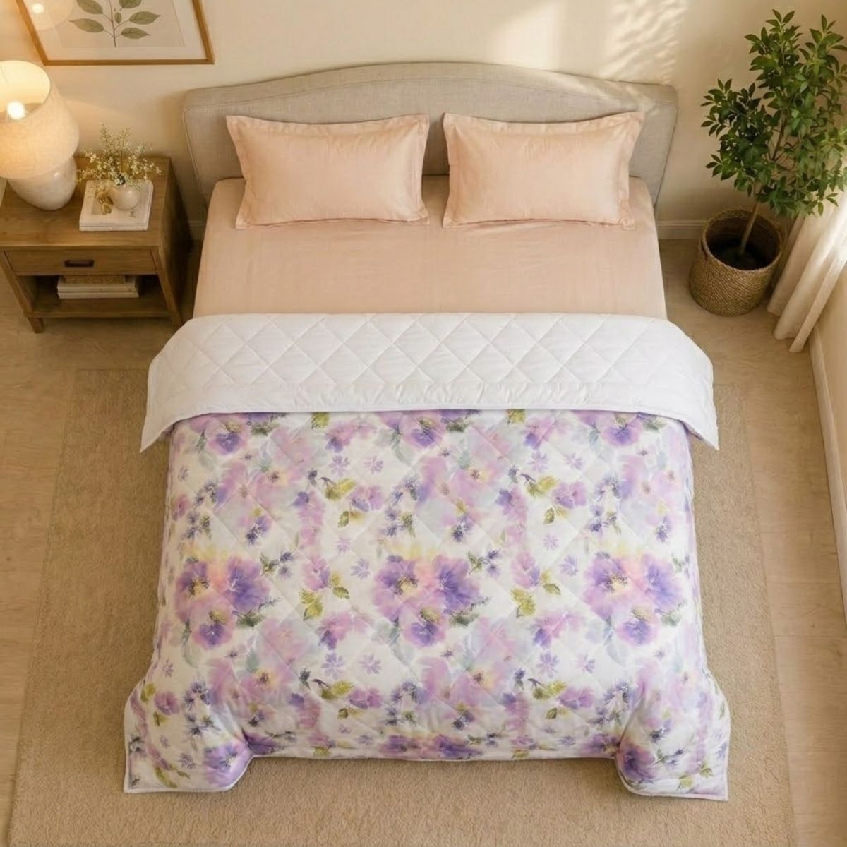 Percale Cotton Reversible AC Blanket Eden Floral Purple & White