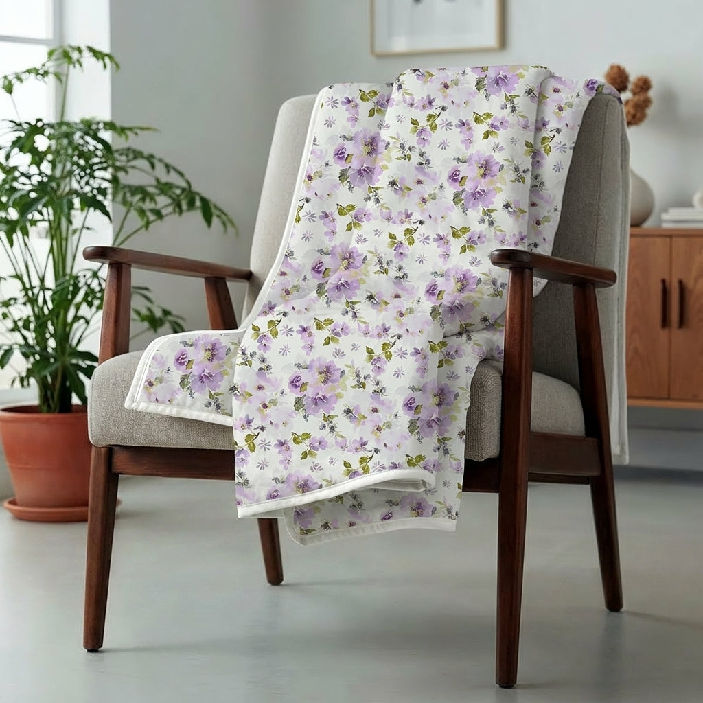 Percale Cotton Reversible Dohar Eden Floral Purple & White