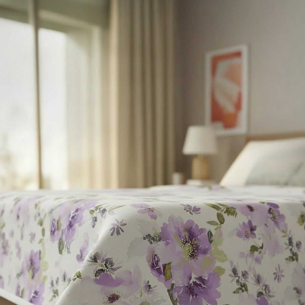 Percale Cotton Reversible Dohar Eden Floral Purple & White