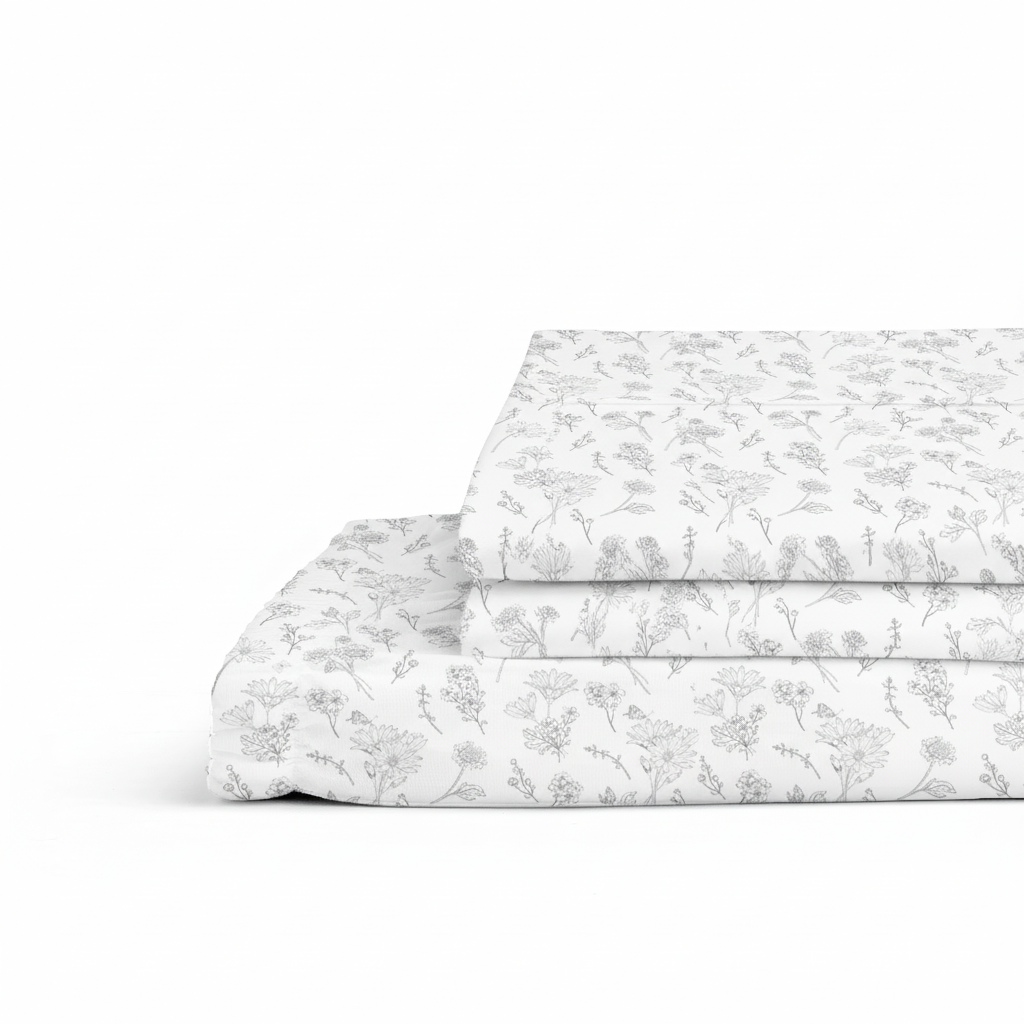 Percale Cotton Printed Fitted Sheet Set in Botanical Grey