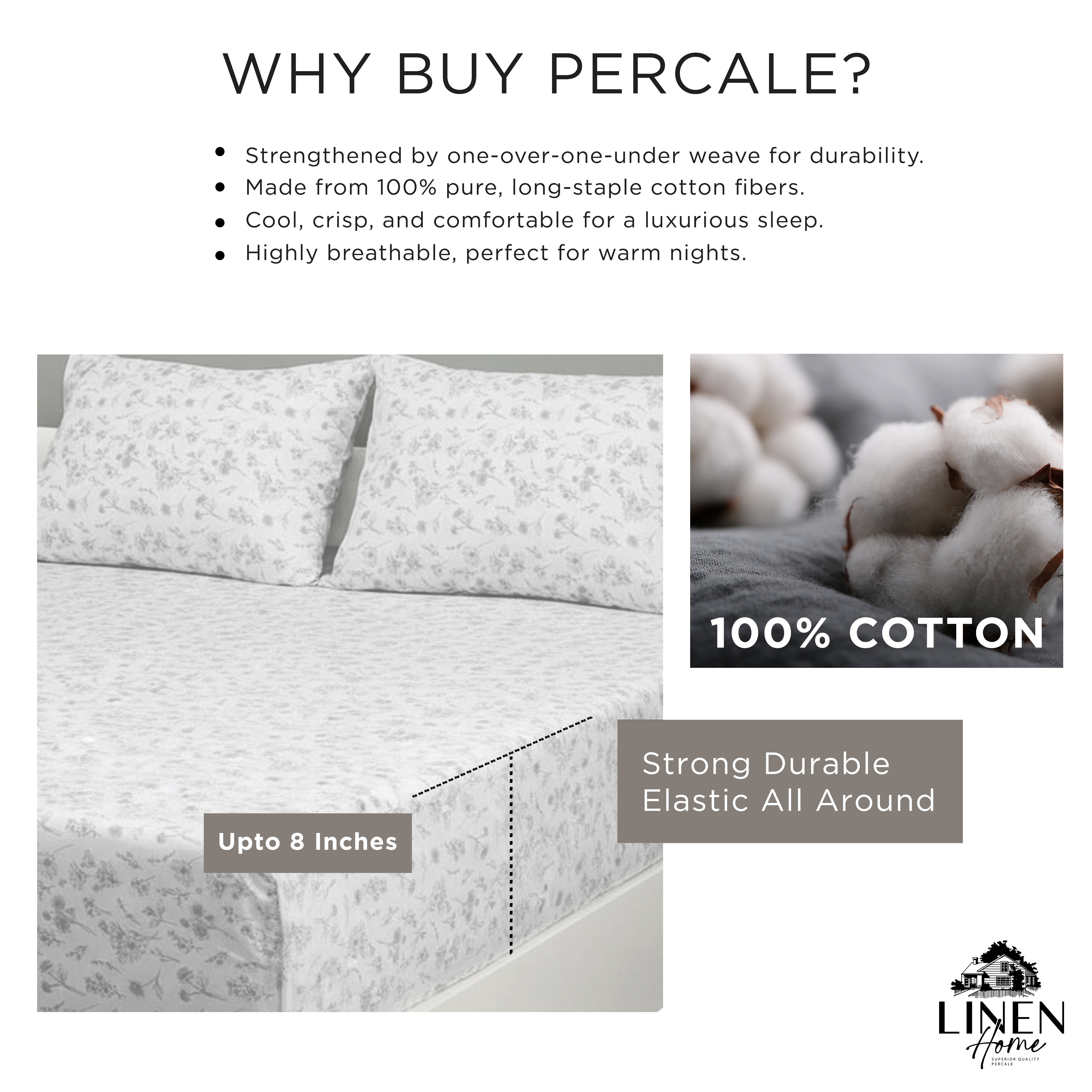Percale Cotton Printed Fitted Sheet Set in Botanical Grey