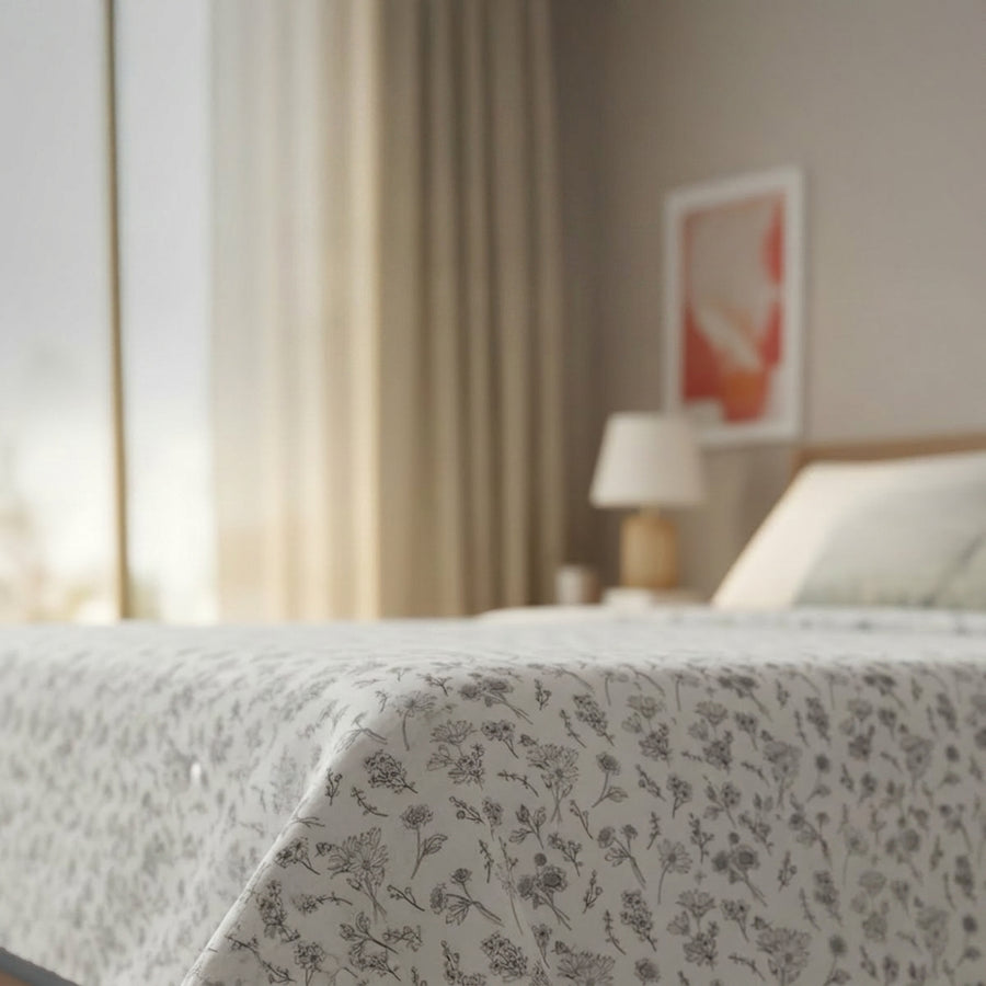Percale Cotton Reversible Dohar Floral Botanical  Grey & Grey