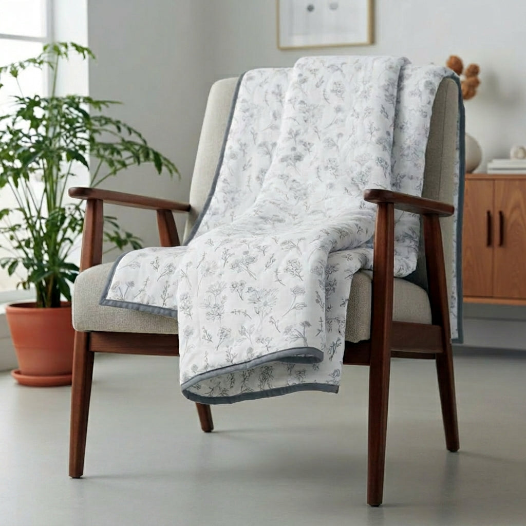 Percale Cotton Reversible Dohar Floral Botanical  Grey & Grey
