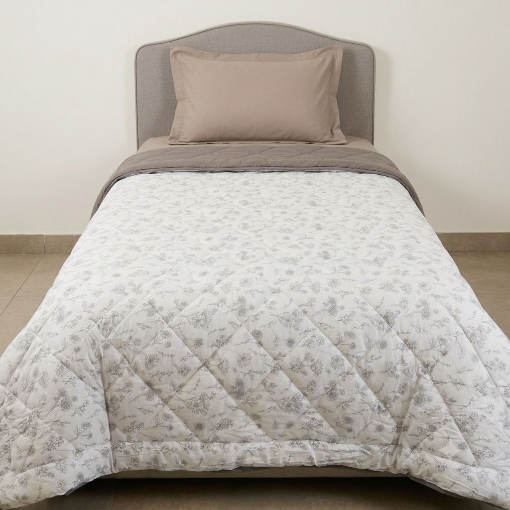 Percale Cotton Reversible AC Blanket Floral Botanical Grey & Grey